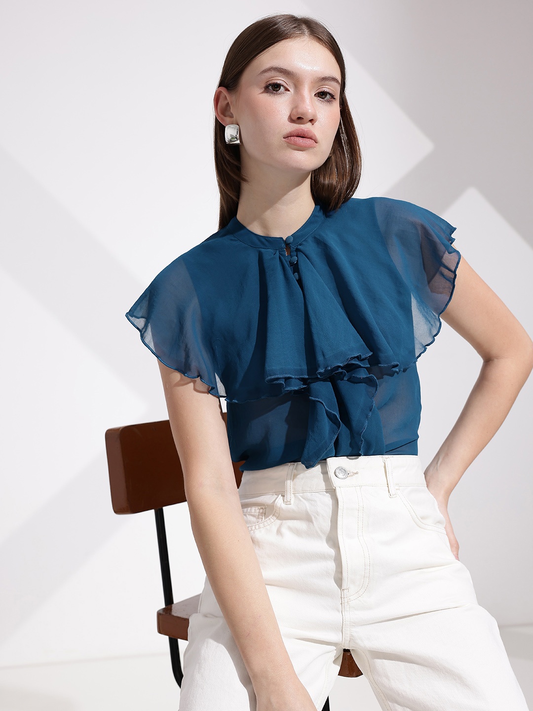 

her by invictus Mandarin Collar Ruffles Top, Blue