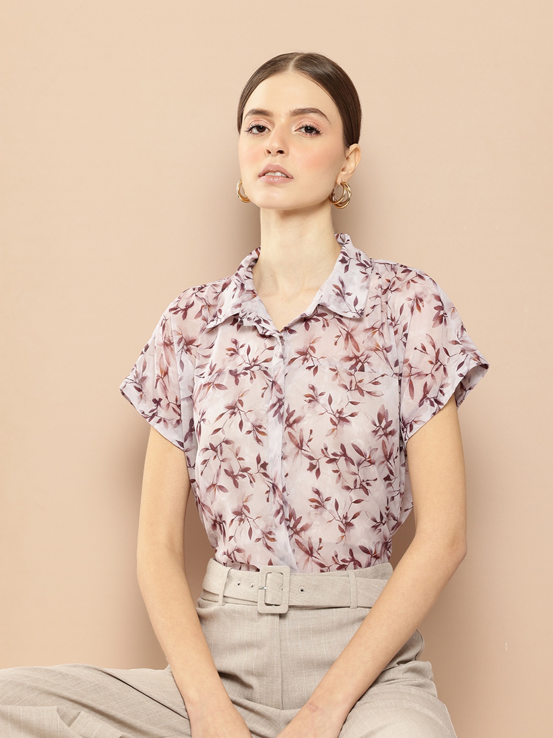 

her by invictus Floral Printed Semi Sheer Shirt, Grey