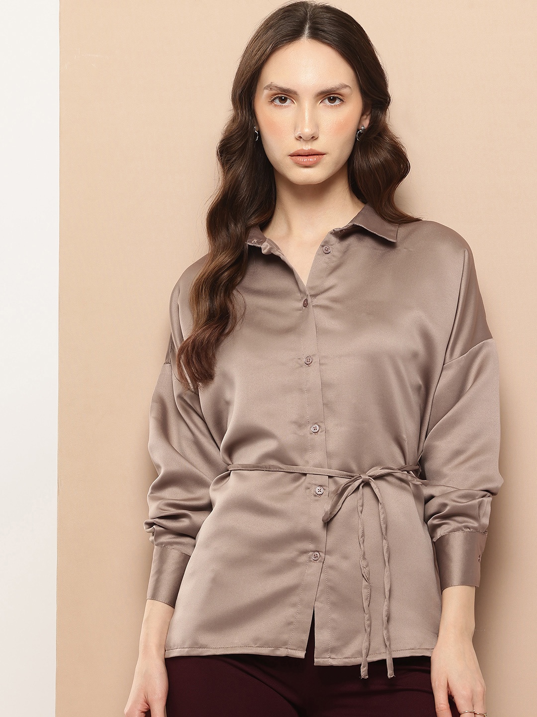 

her by invictus Satin Finish Shirt-Style Top, Brown