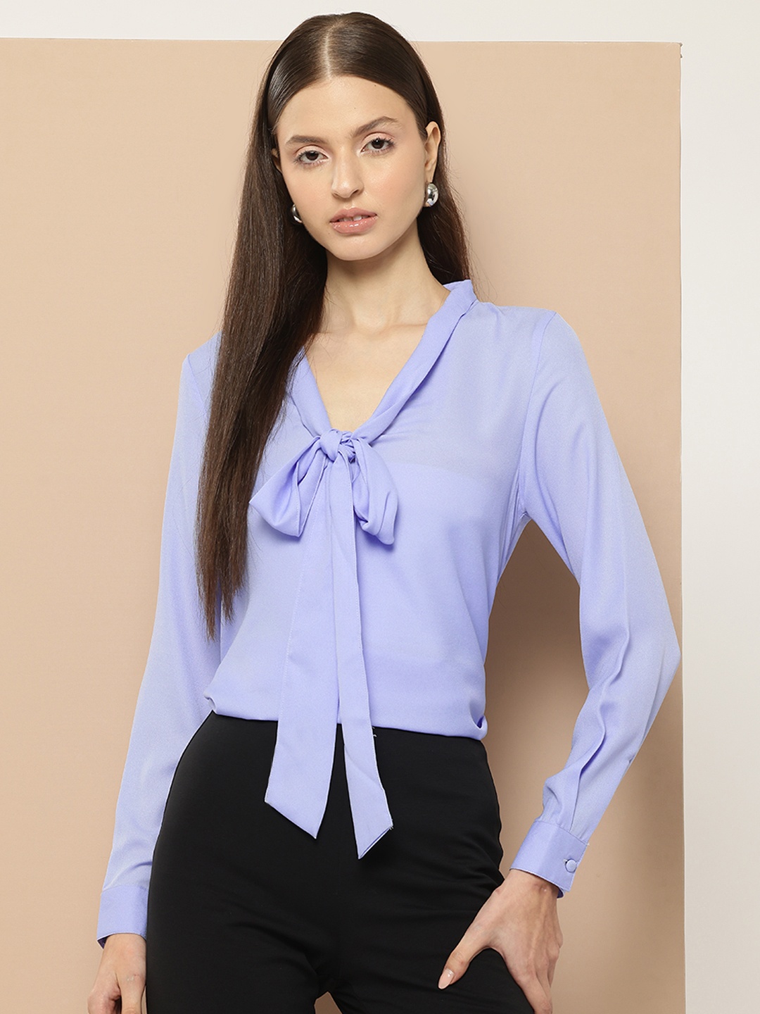 

her by invictus Tie-Up Detail Cuffed Sleeves Top, Blue