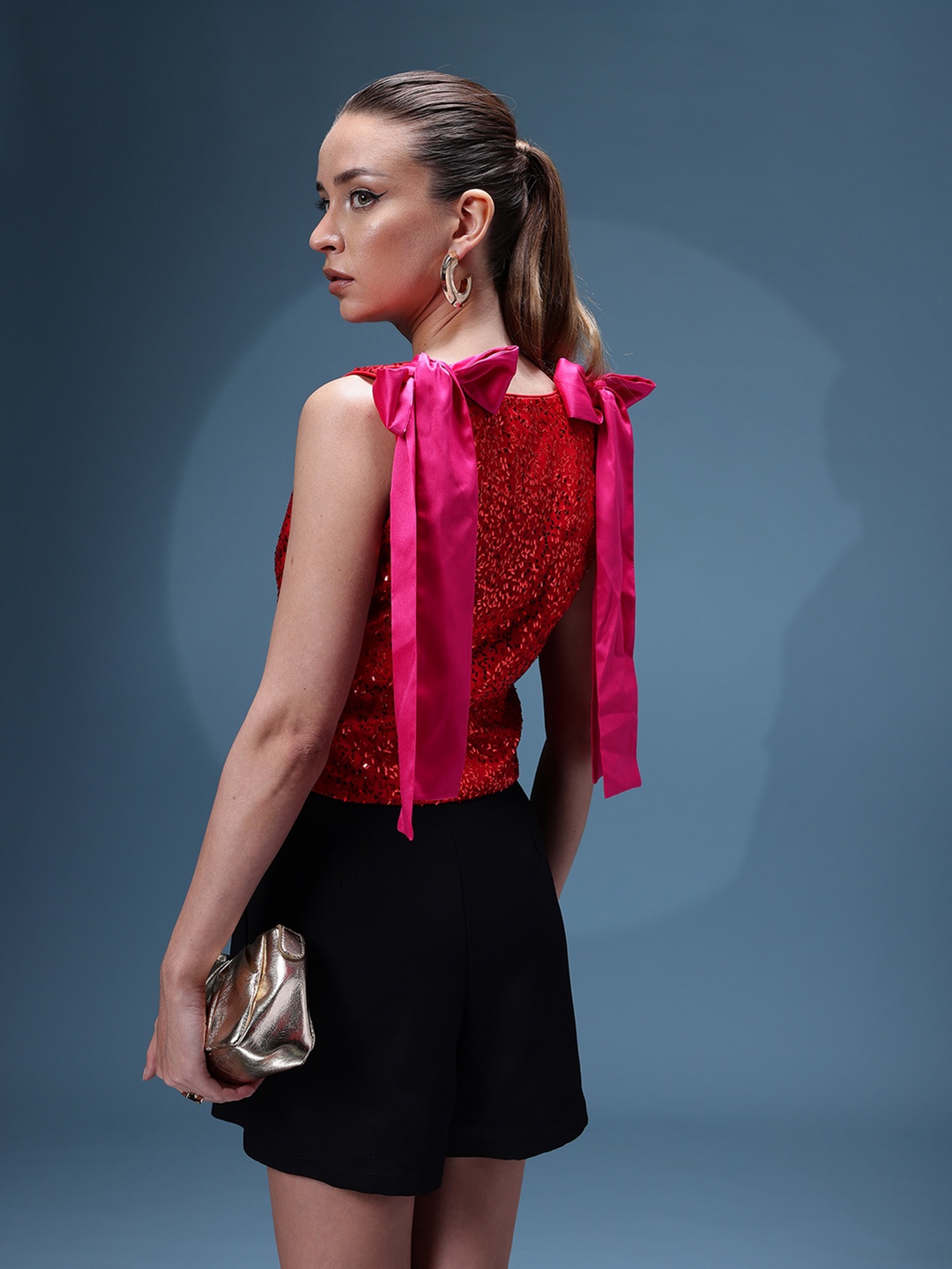 

bebe Future Glam Geometric Embellished Crop Top, Red