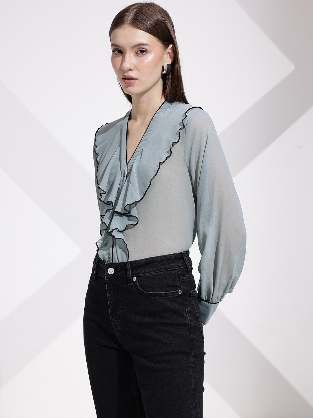 

her by invictus Ruffles Shirt Style Top, Grey