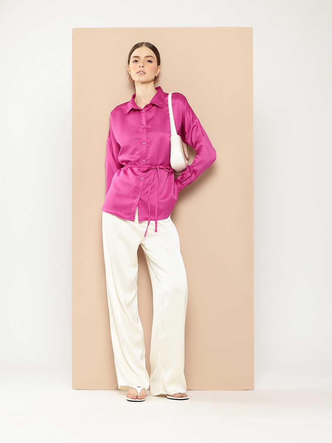 

her by invictus Satin-Finish Tie-Up Waist Shirt, Pink