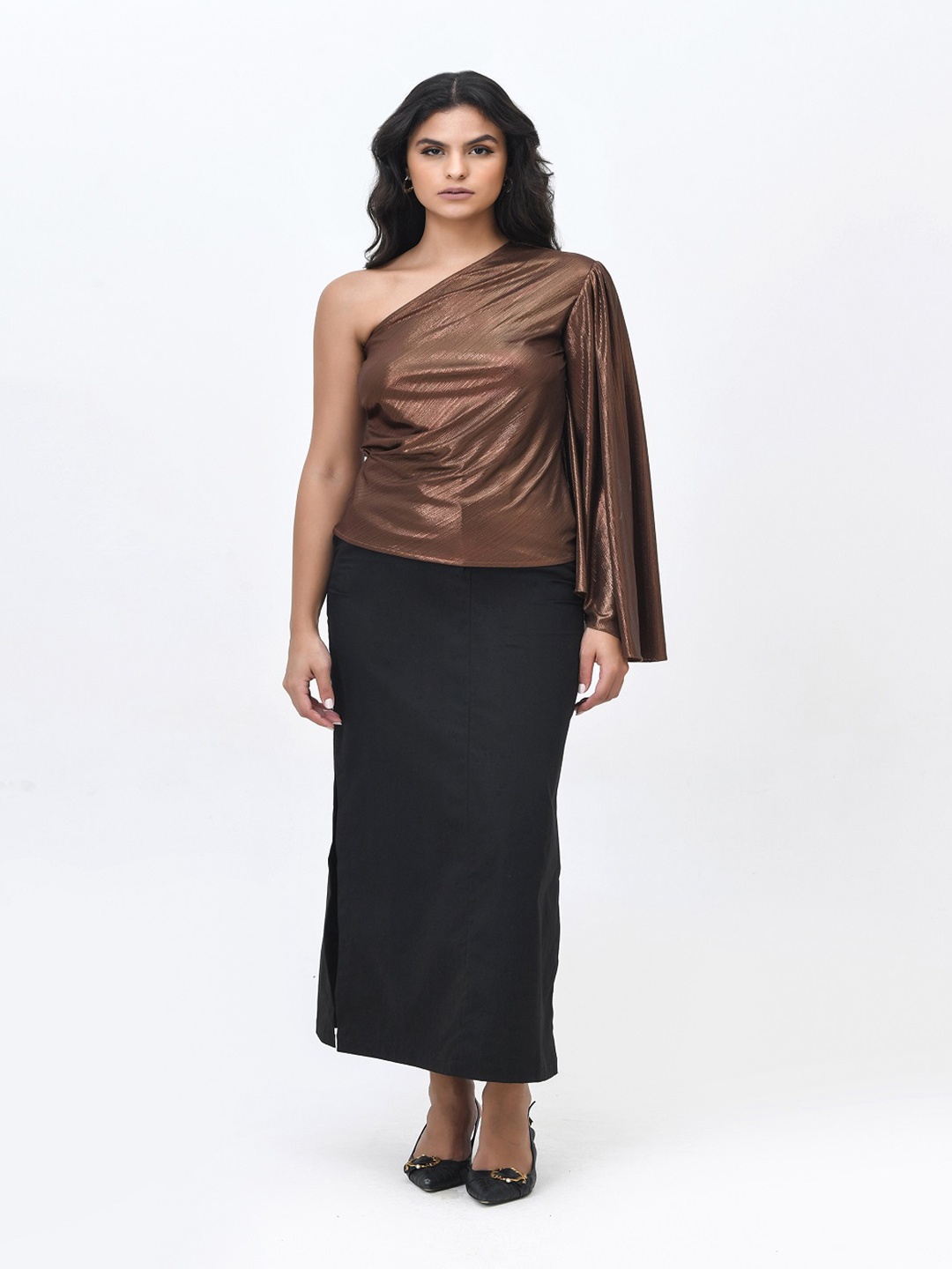 

Contemponari Women Self Design One Shoulder Top, Brown