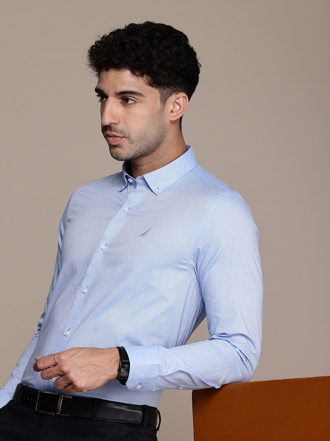 Nautica Men Premium Slim Fit Pure Cotton Formal Shirt, Blue