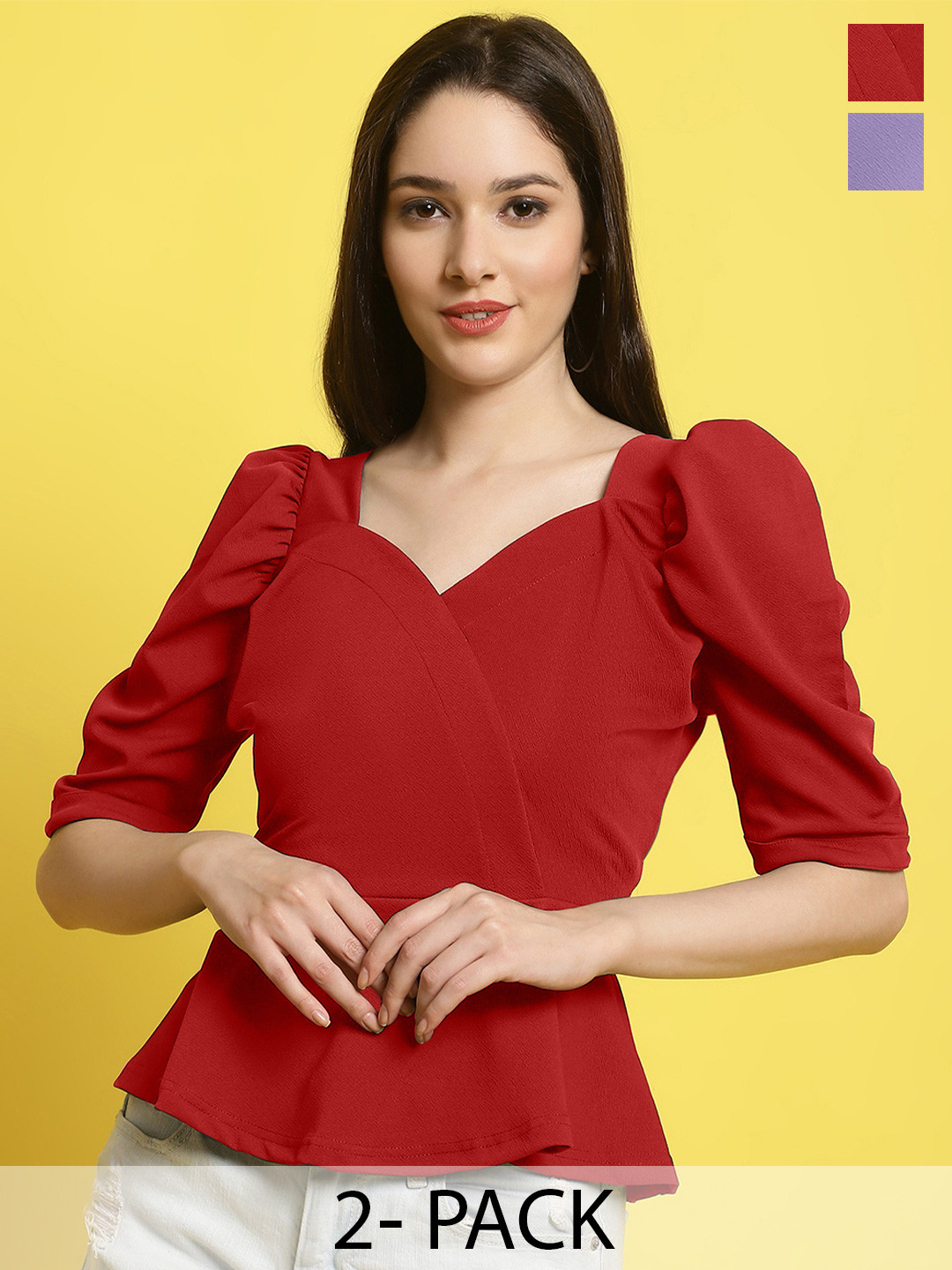 

Metronaut Women Pack Of 2 Puff Sleeves Crop Top, Red