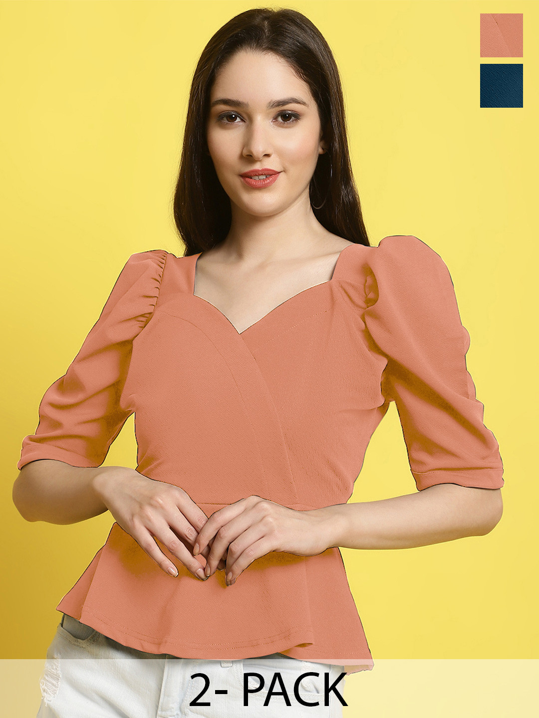 

Metronaut Women Pack Of 2 Sweetheart Neck Crop Top, Peach