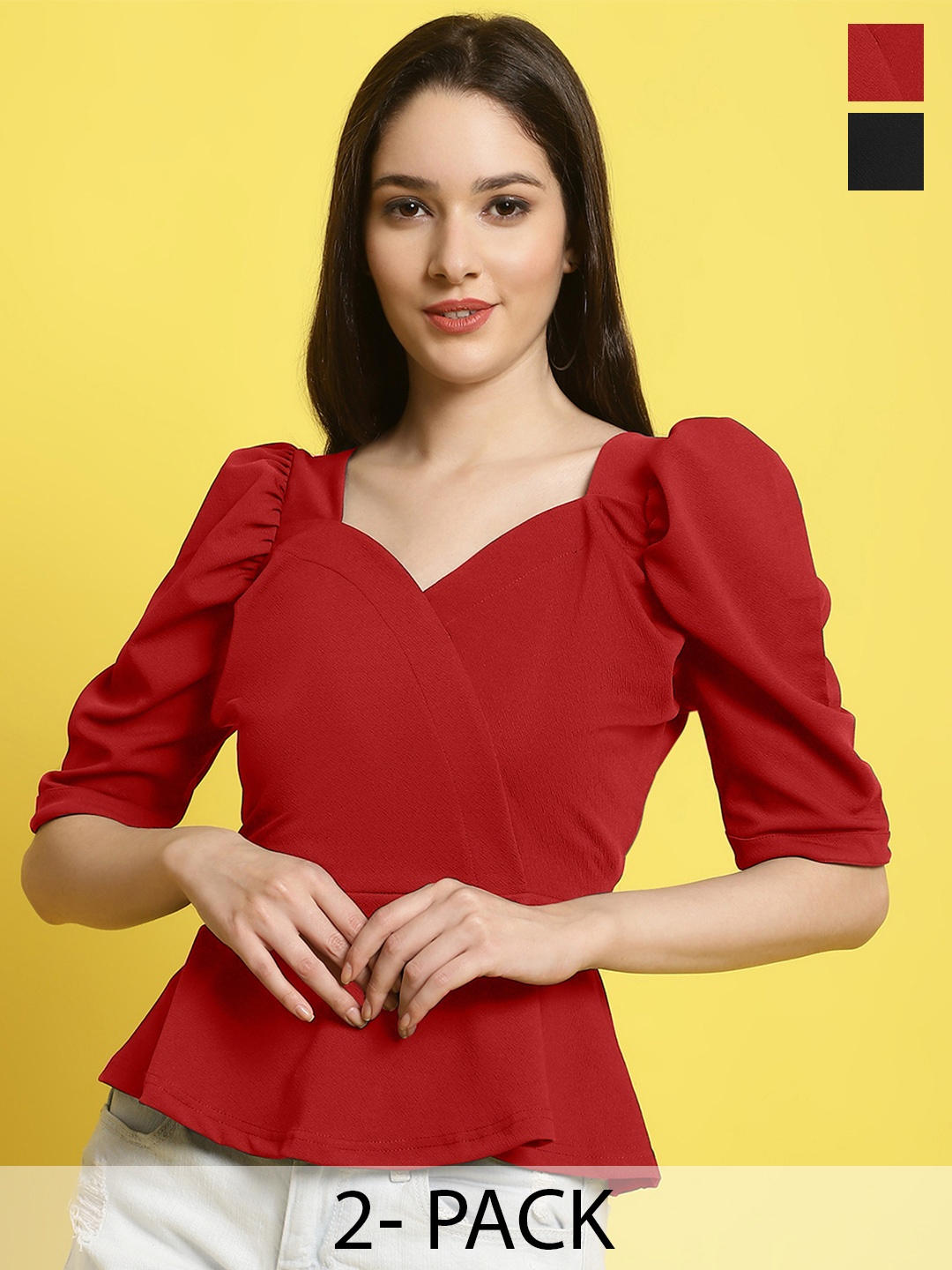 

Metronaut Women Pack Of 2 Puff Sleeves Crop Top, Red