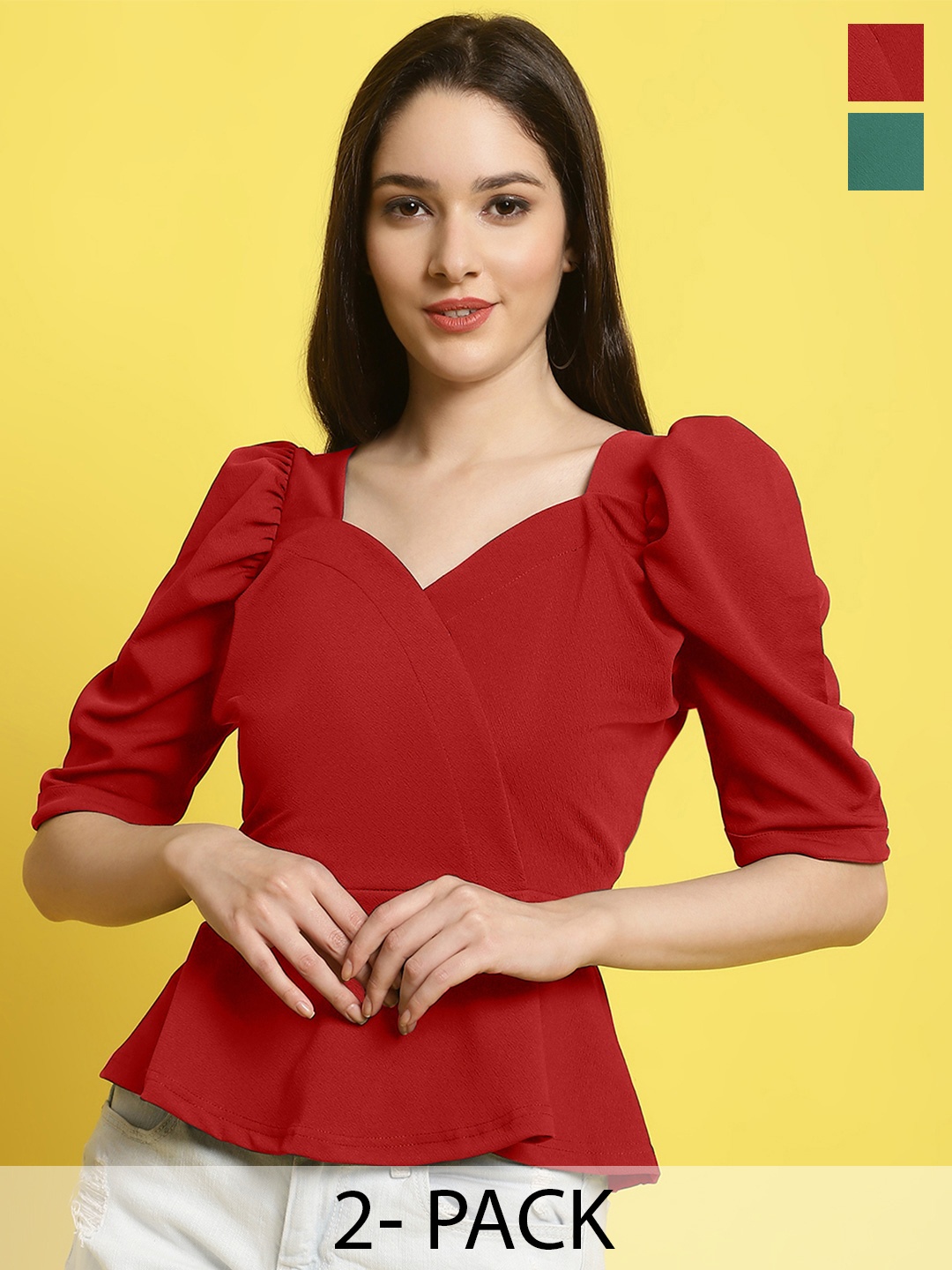 

Metronaut Women Pack Of 2 Puff Sleeves Crop Top, Red