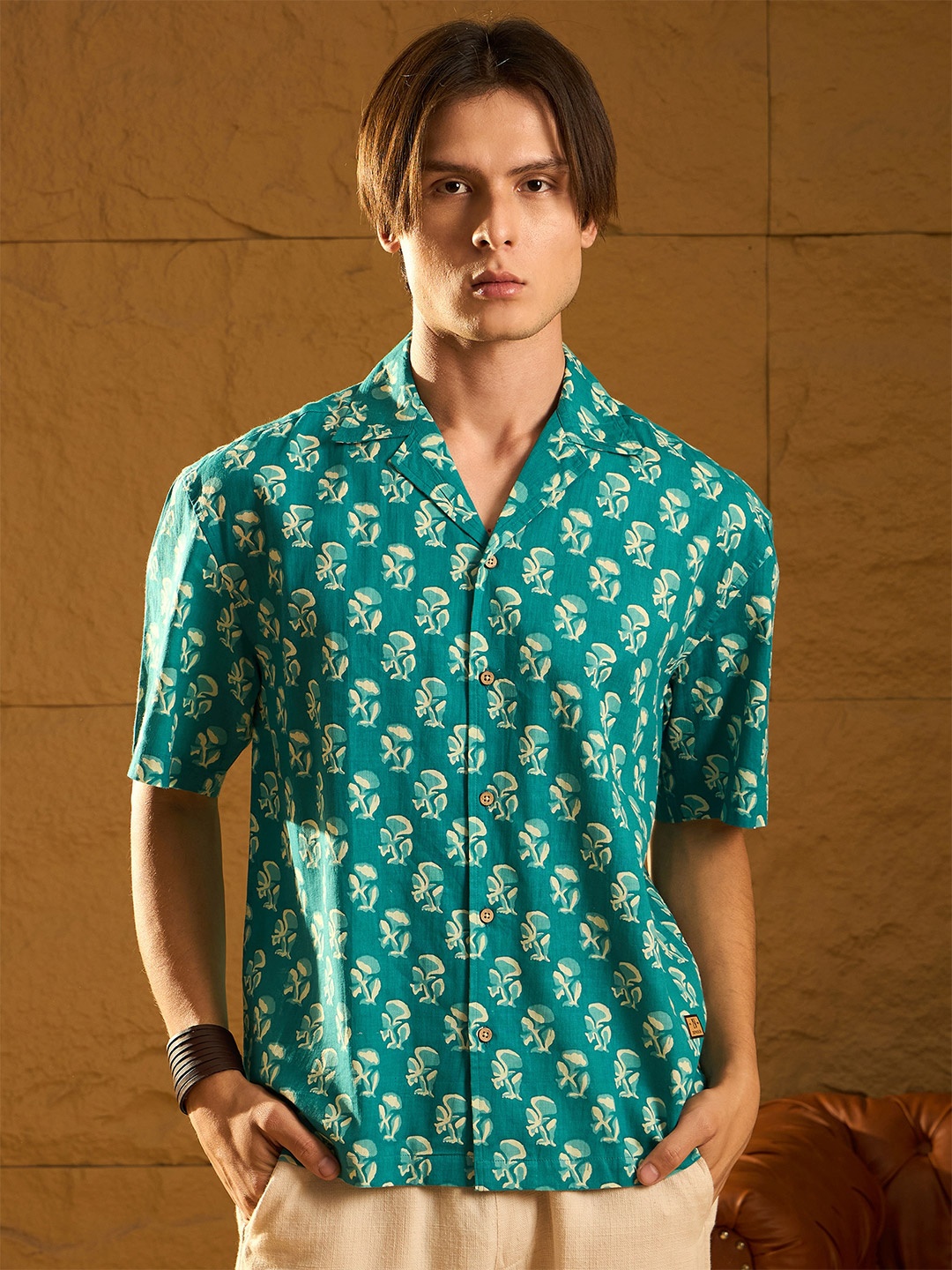 DENNISON Block Printed Drop Shoulder Oversized Cotton Shirt, Green