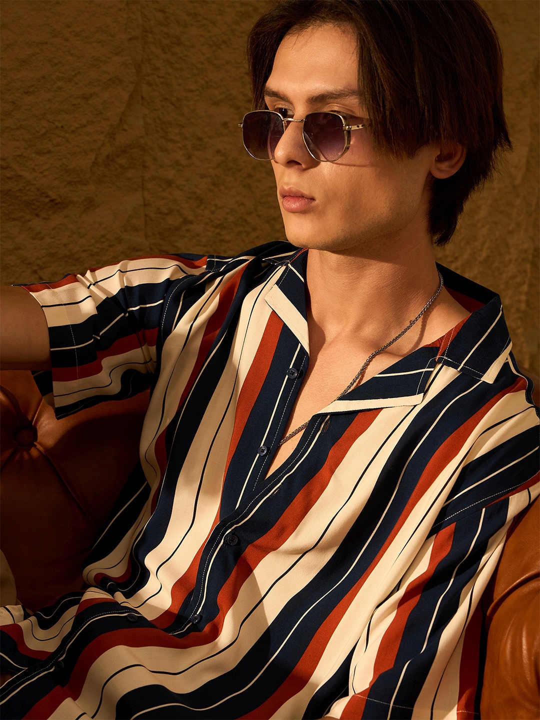 DENNISON Vertical Striped Drop Shoulder Oversized Shirt, Beige