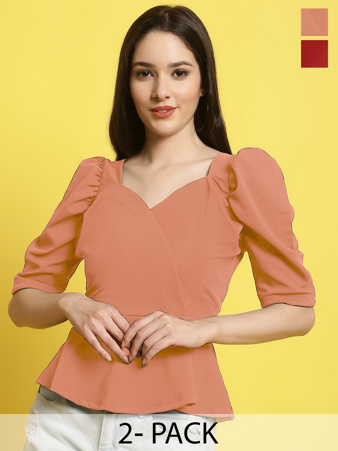 

Metronaut Women Pack Of 2 Puff Sleeves Crop Top, Peach