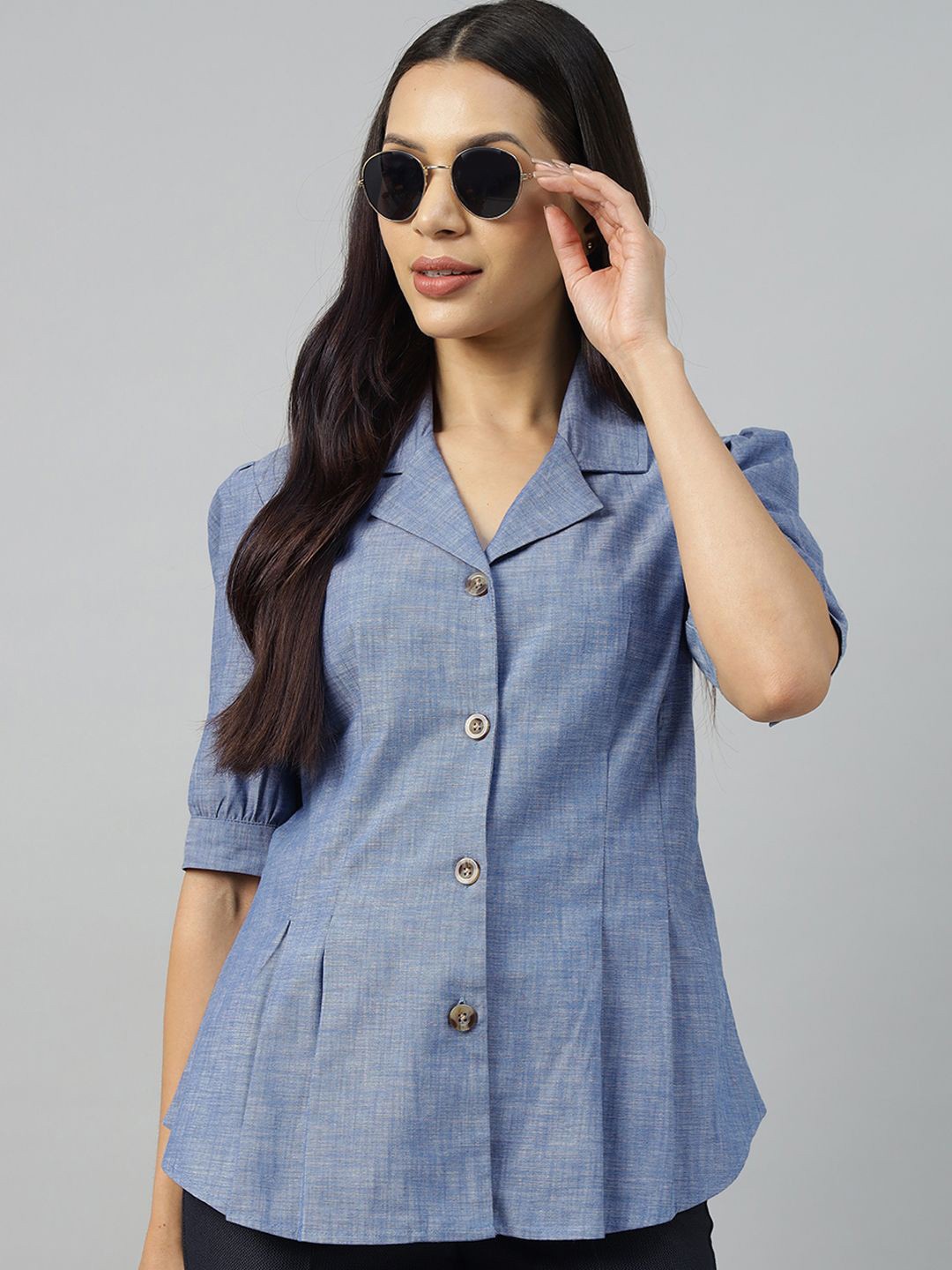 

Hancock Women Classic Opaque Pleated Formal Pure Cotton Shirt, Blue