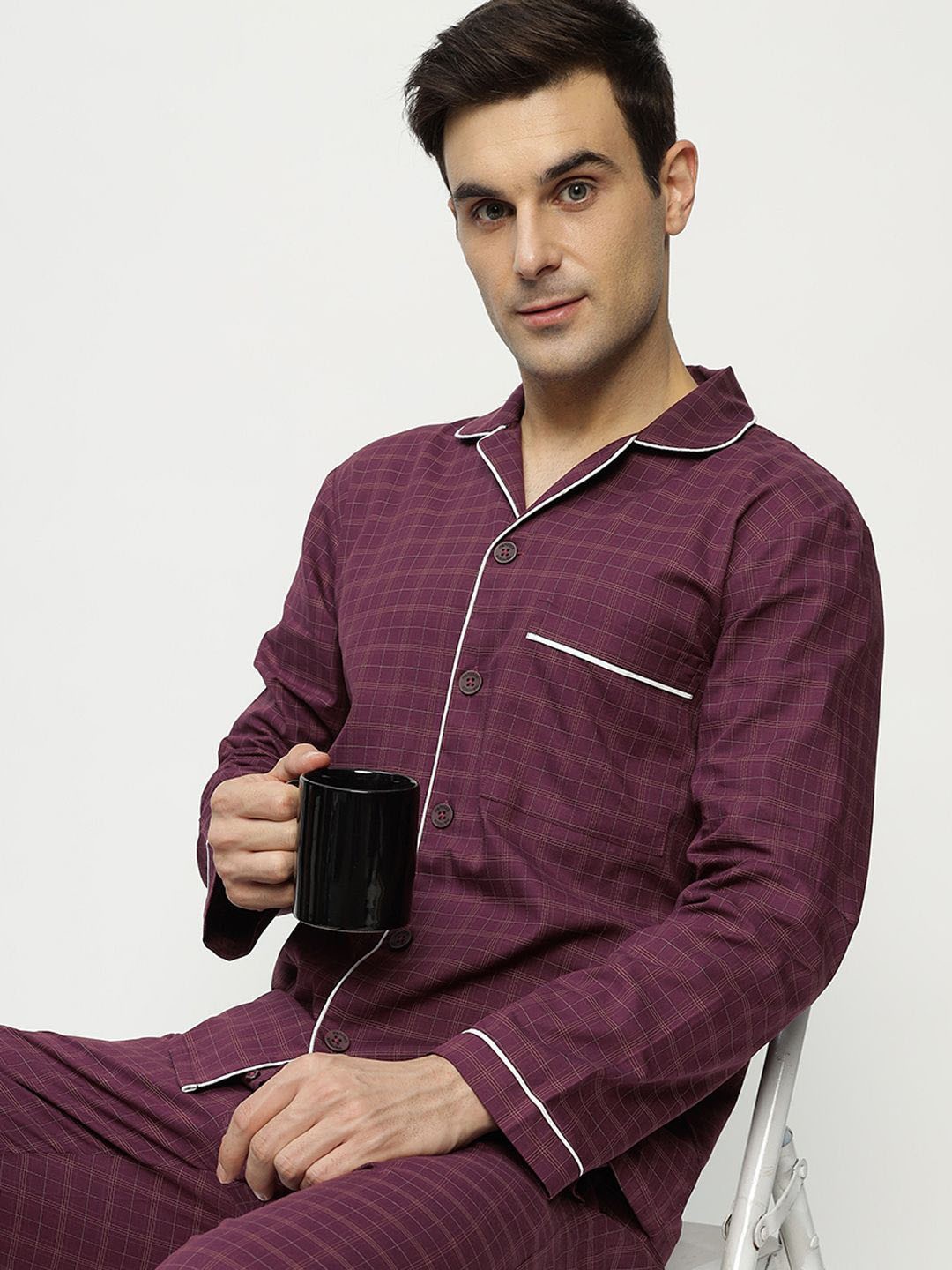 

Hancock Men Pure Cotton Lapel Collar Long Sleeves Checked Night suit, Burgundy