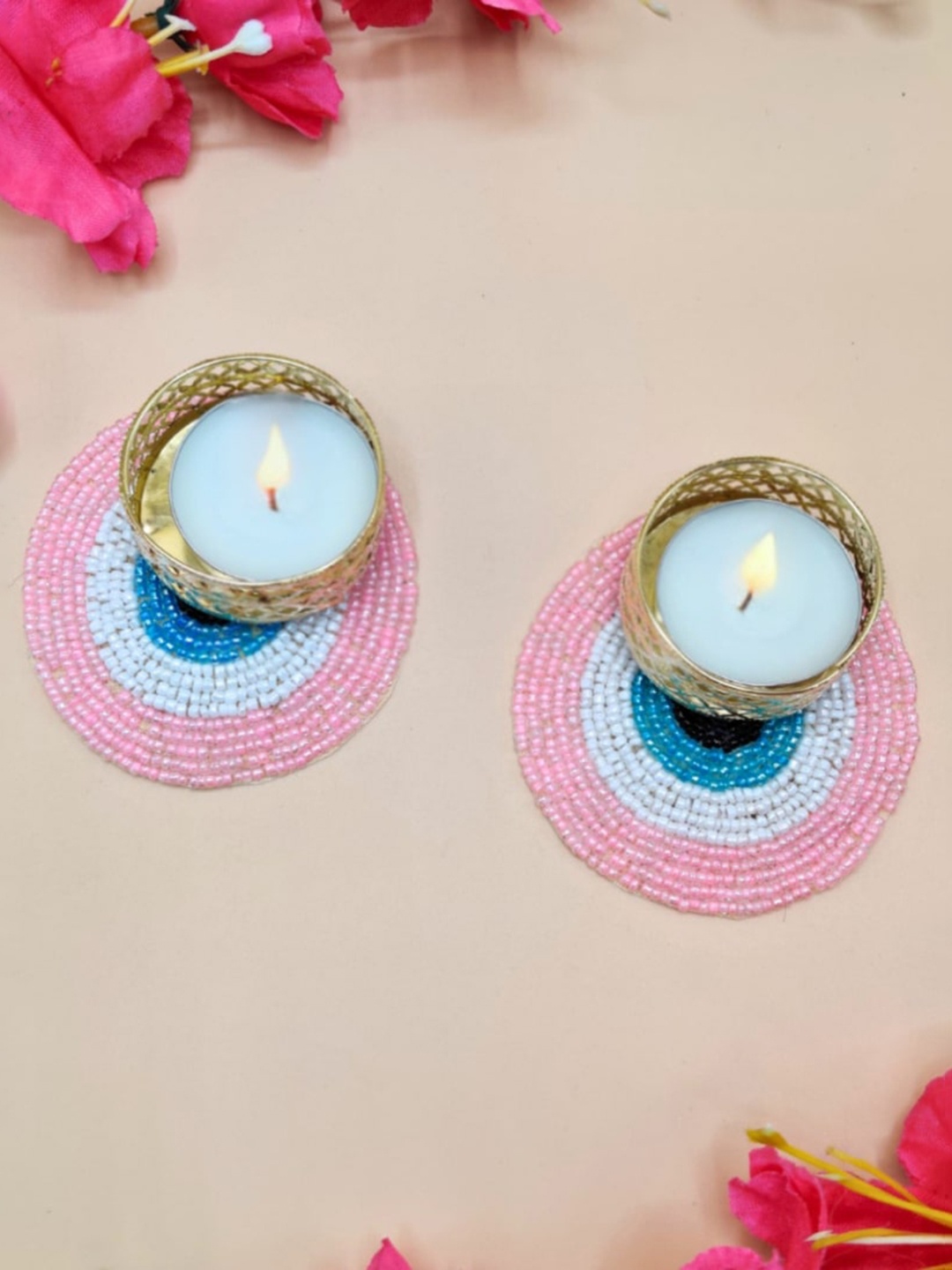 

THE HOME CO. Blue & Pink 2 Pieces Printed Evil Eye Tea Light Candle Holder