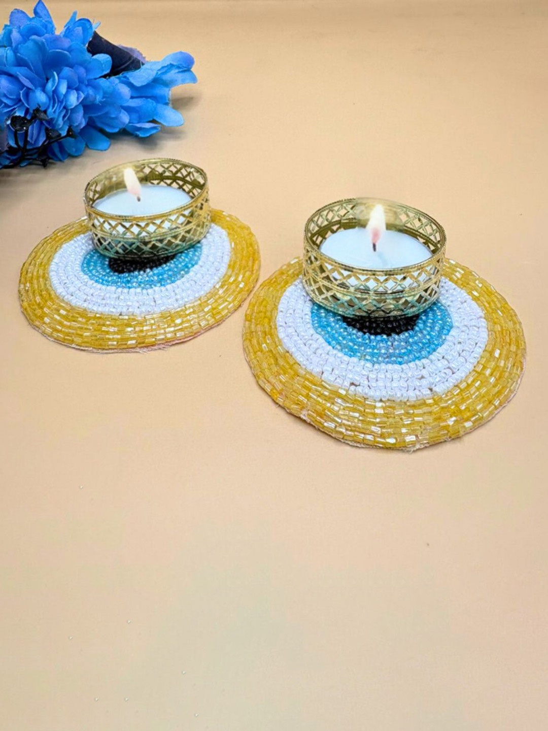 

THE HOME CO. Blue & Yellow 2 Pieces Printed Evil Eye Tea Light Candle Holder