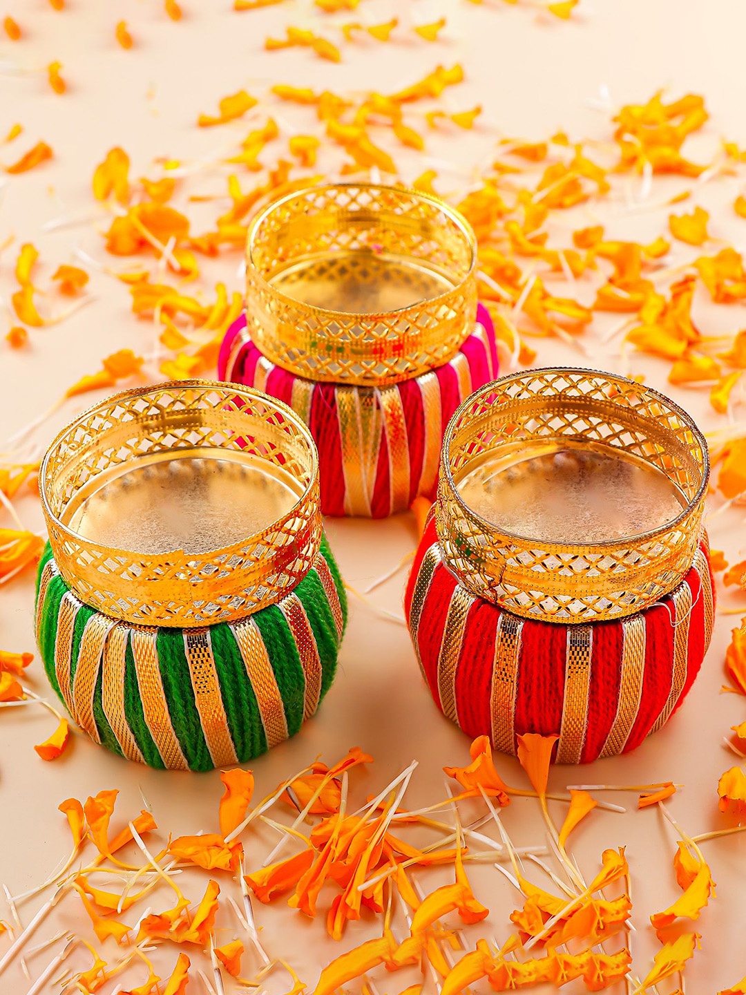 

Archies Red & Green 3 Pieces Metal Tea Light Diya Set, Gold