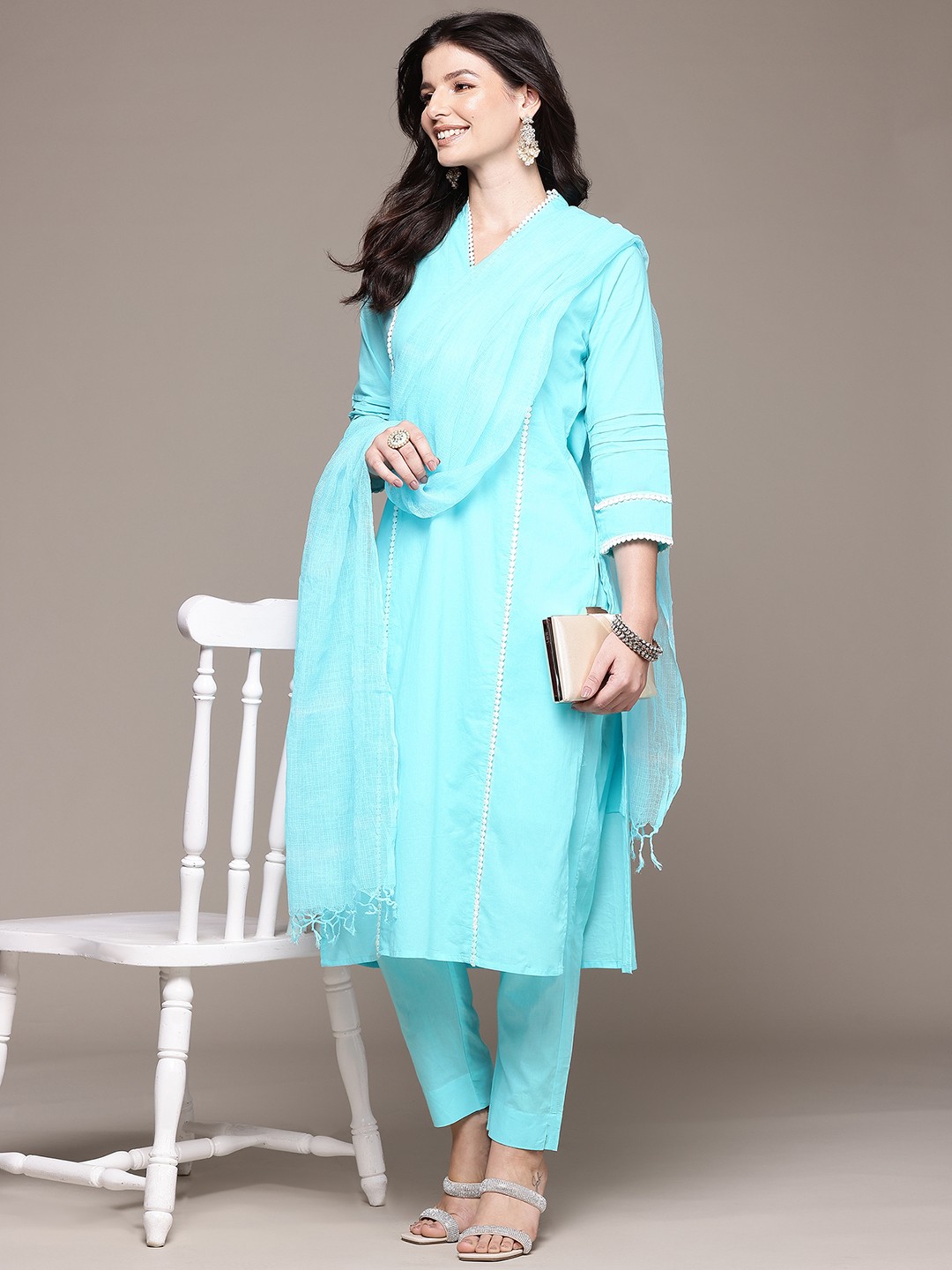 

Readiprint Floral Beads and Stones Pure Cotton Kurta with Trousers & Dupatta, Blue