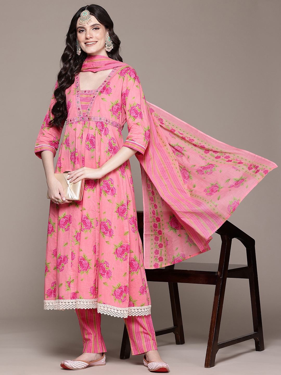 

Readiprint Floral Printed Empire Thread Work Pure Cotton Kurta Set With Dupatta, Pink