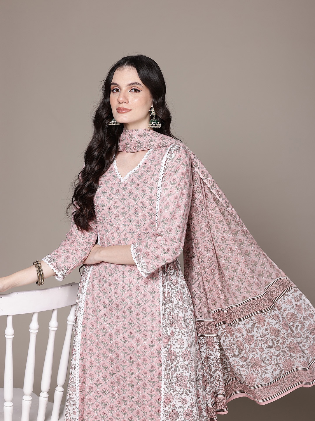 

Readiprint Floral Printed Panelled Sequinned Pure Cotton Kurta Set, Peach