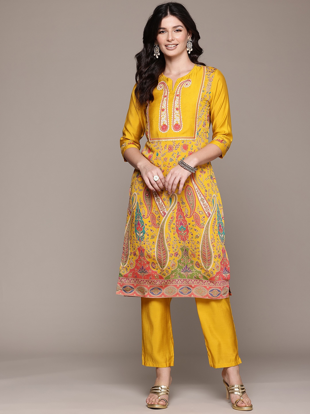 

Readiprint Paisley Printed Regular Thread Work Pure Silk Kurta with Trousers, Mustard