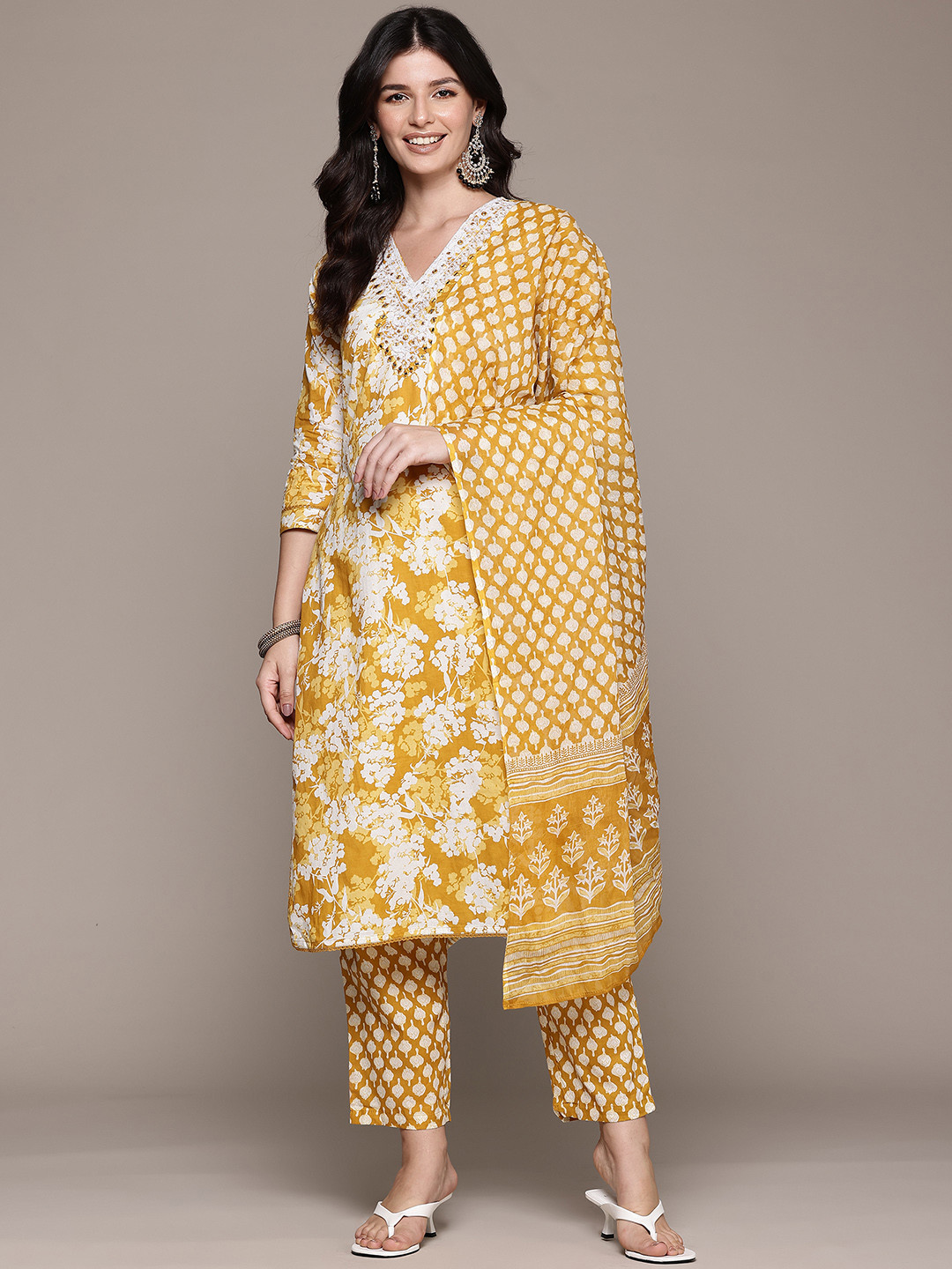 

Readiprint Floral Printed Thread Work Pure Cotton Kurta with Trousers & Dupatta, Mustard