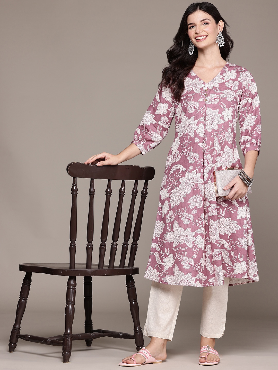 

Readiprint Floral Printed Pleated Pure Cotton Kurta with Trousers, Mauve