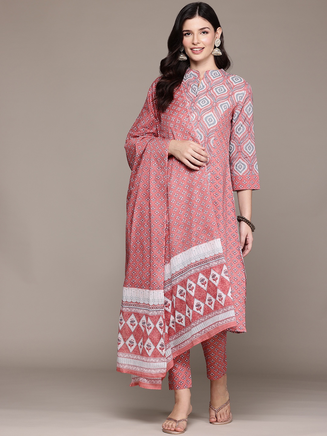 Readiprint Ethnic Motifs Printed Panelled Pure Cotton Kurta Set, Peach