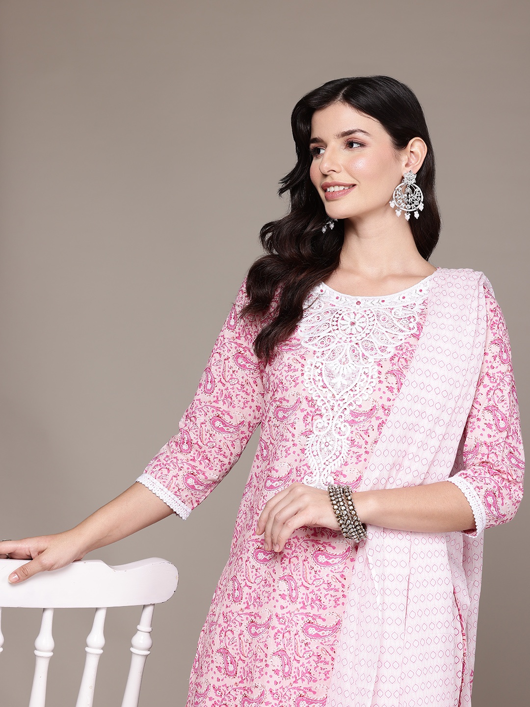 Readiprint Paisley Printed Beads & Stones Pure Cotton Kurta Set, Pink