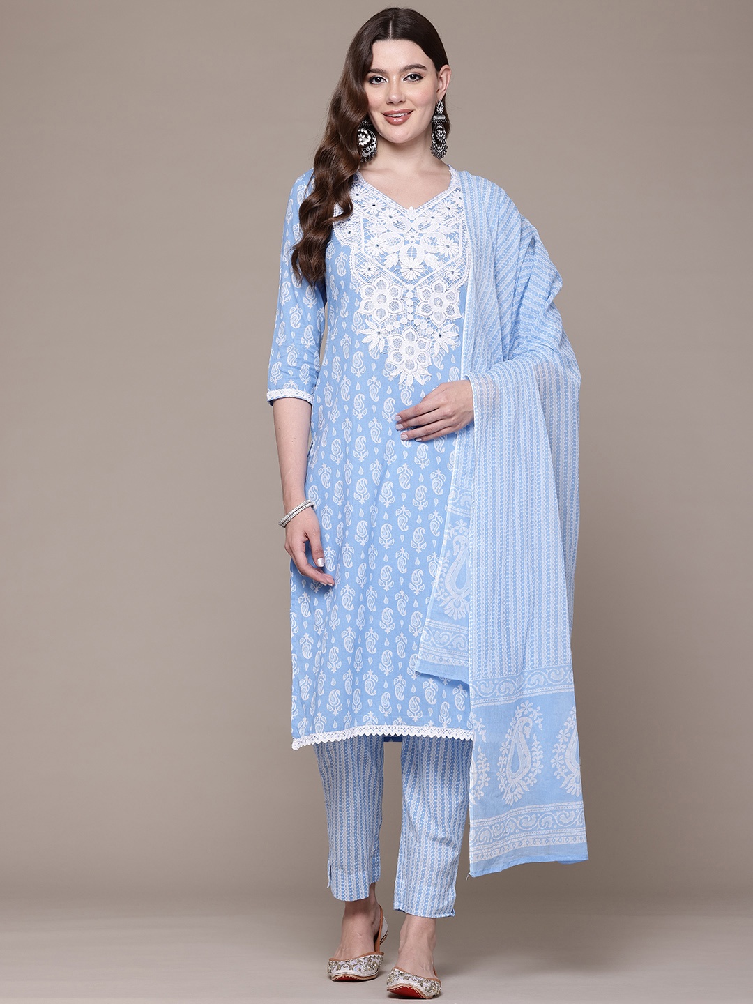 

Readiprint Paisley Printed Thread Work Pure Cotton Kurta with Trousers & Dupatta, Blue