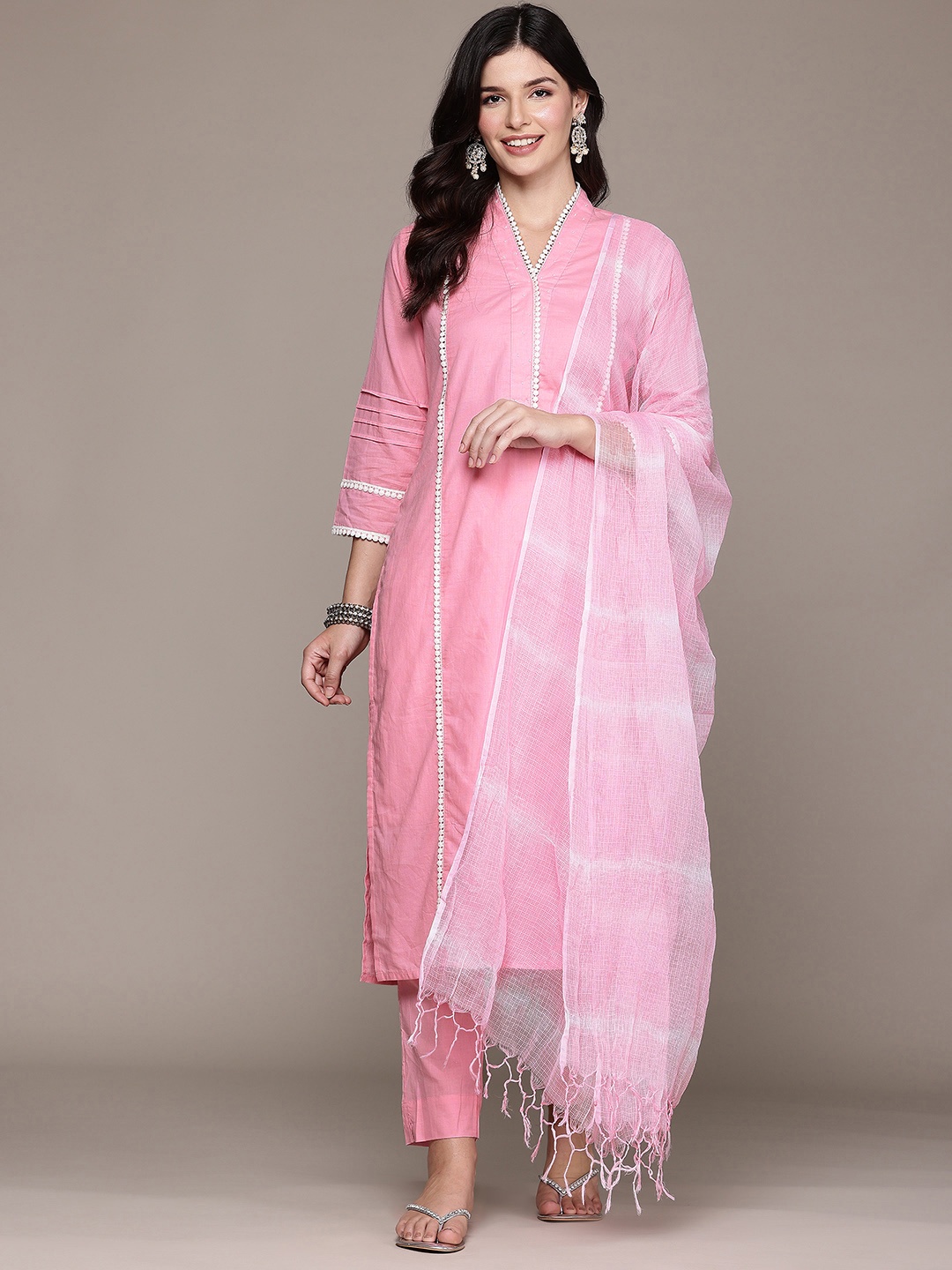 

Readiprint Floral Yoke Design Panelled Beads & Stones Pure Cotton Kurta Set, Pink