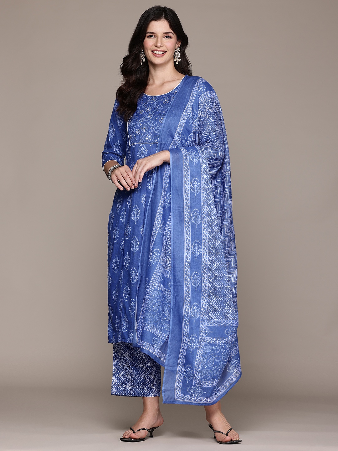 

Readiprint Floral Printed Sequinned Pure Cotton Kurta With Palazzos & Dupatta, Blue