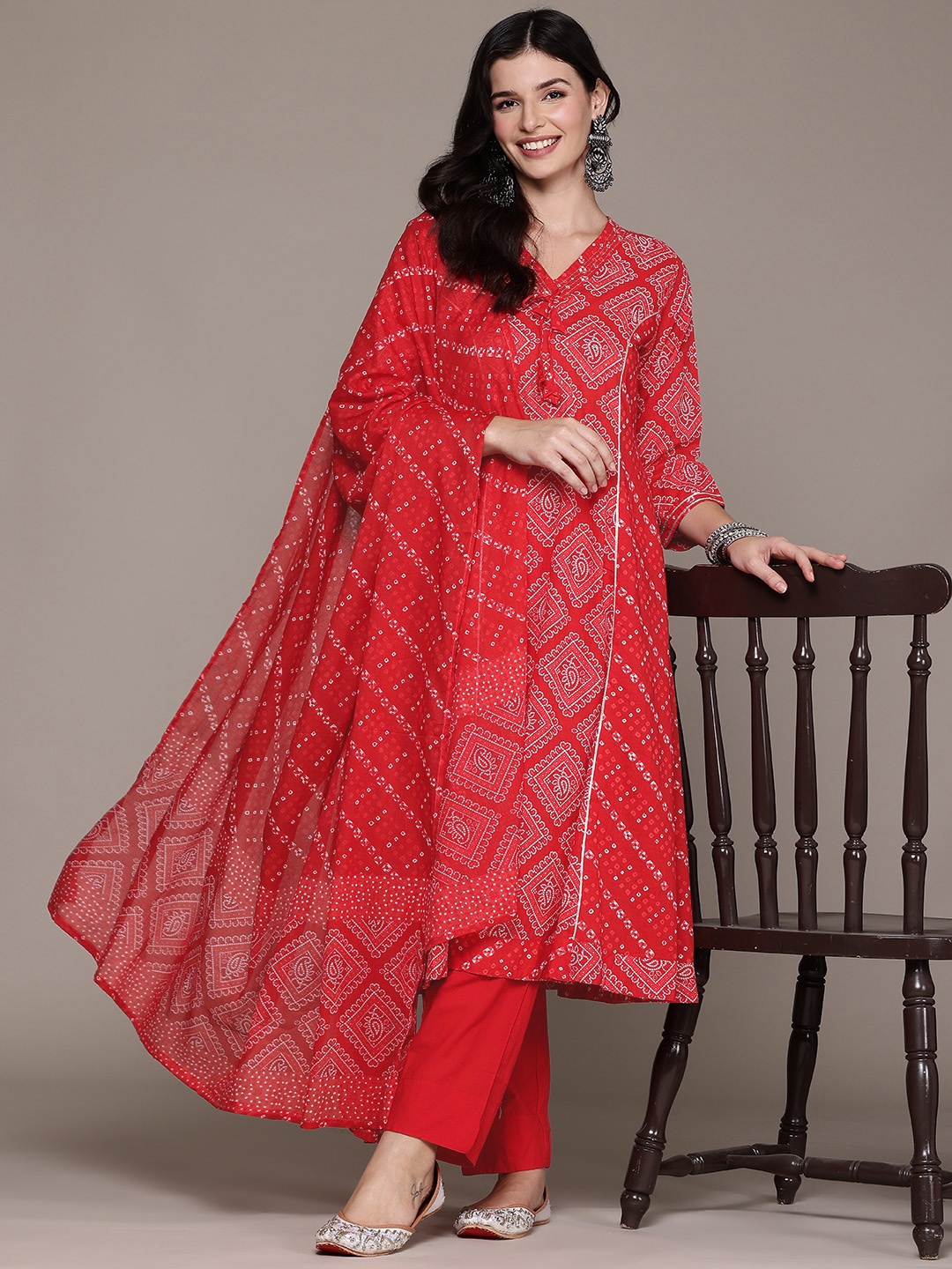 

Readiprint Bandhani Printed Panelled Sequinned Pure Cotton Kurta Set, Red