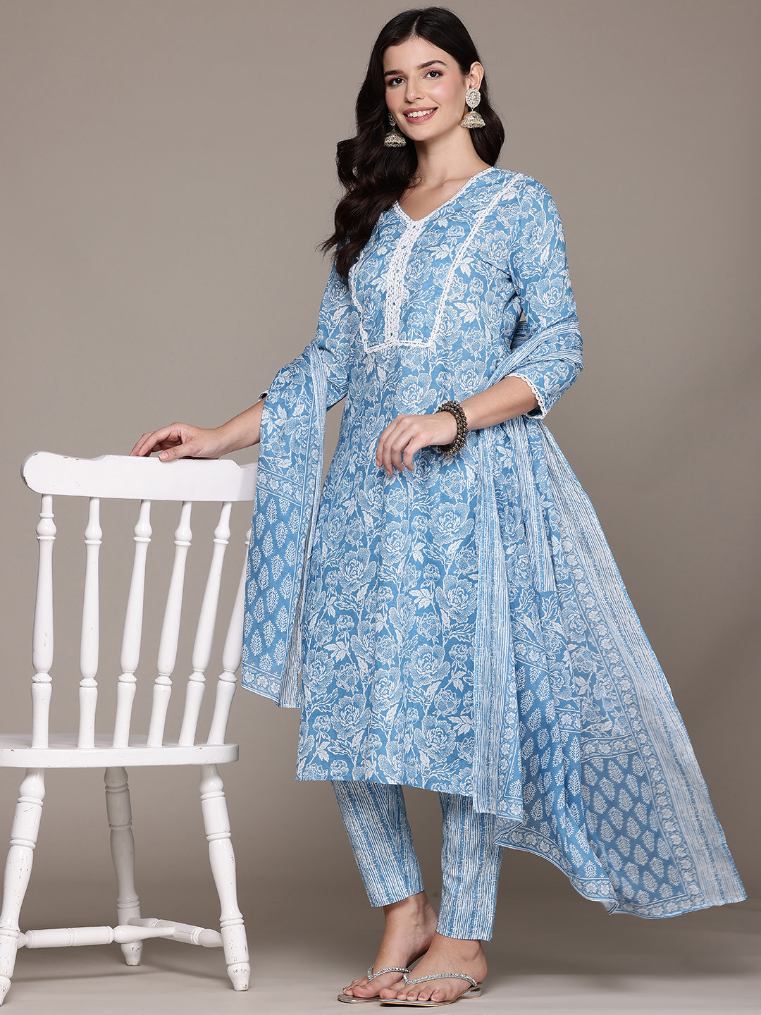 

Readiprint Floral Printed Mirror Work Pure Cotton Kurta with Palazzos & Dupatta, Blue