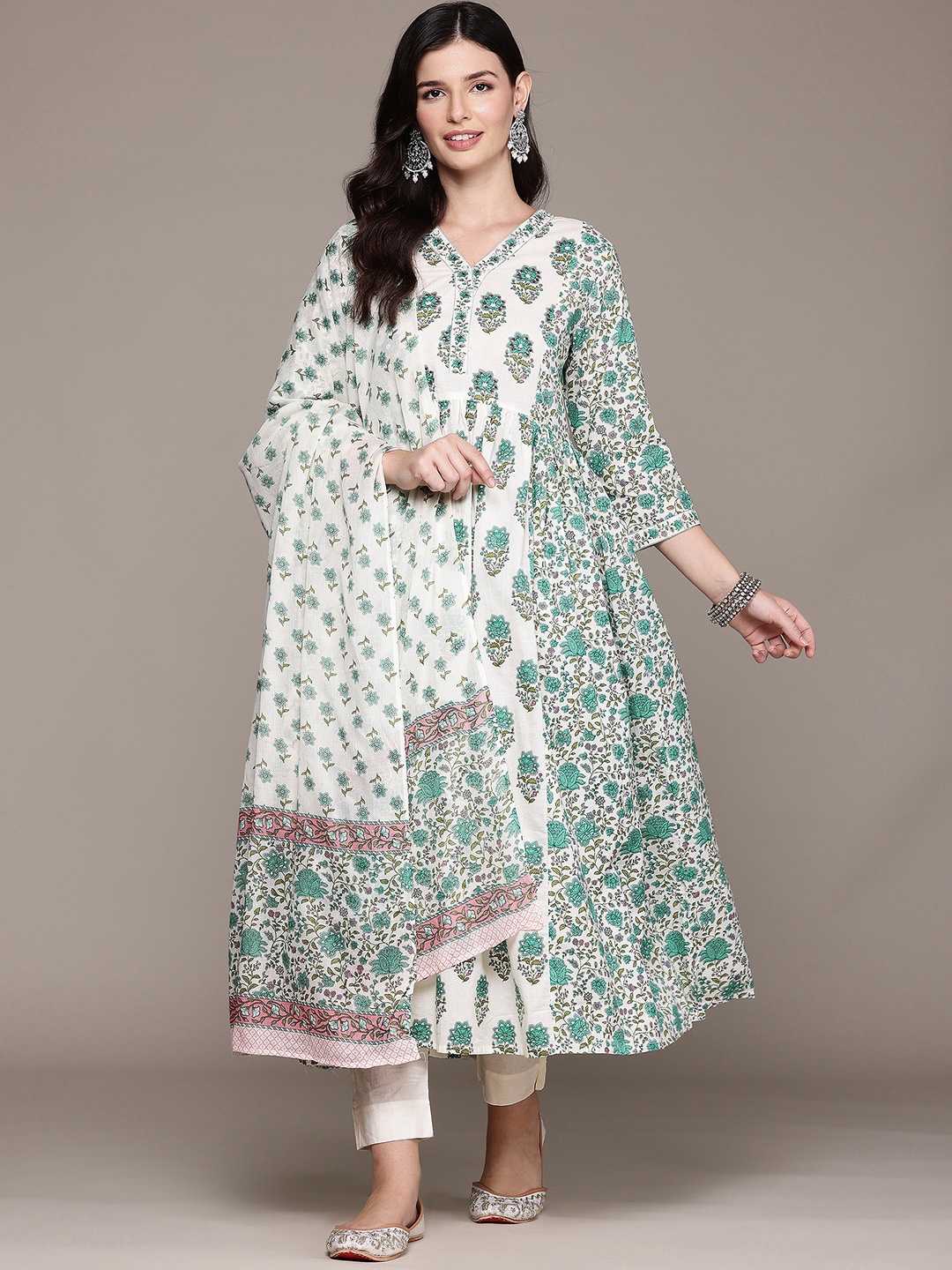 

Readiprint Floral Printed Pleated Embroidered Pure Cotton Kurta Set With Dupatta, Off white