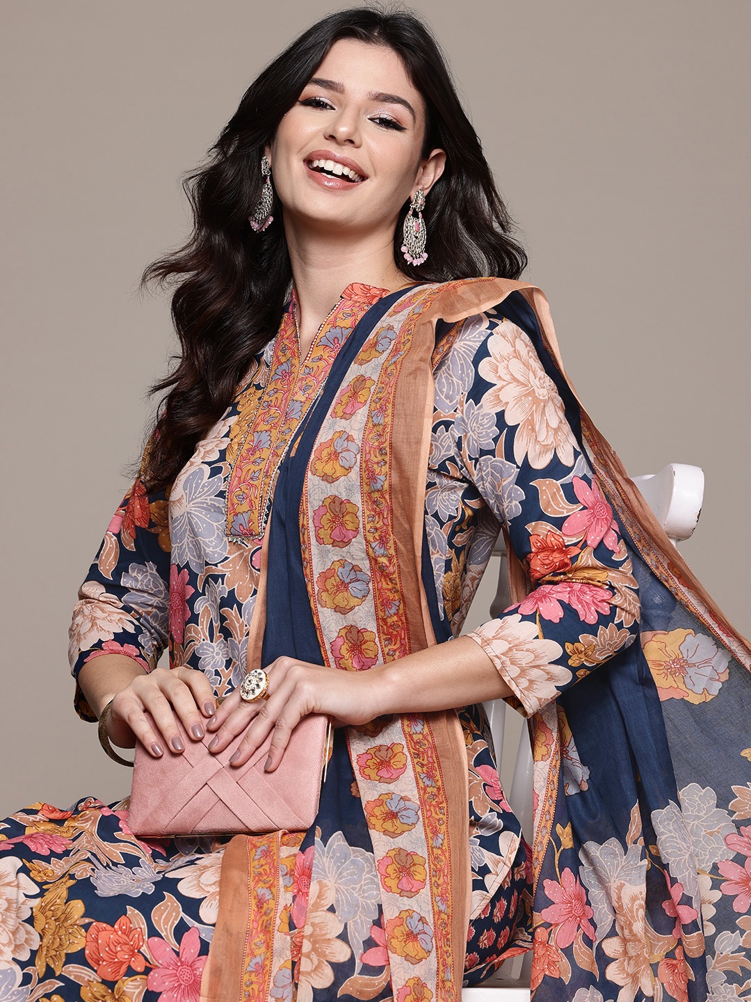 

Readiprint Fashions Floral Printed Gotta Patti Pure Cotton Kurta with Trousers & Dupatta, Multi