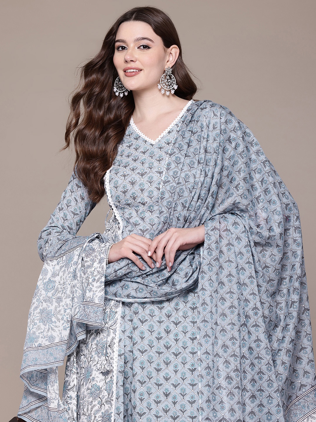 

Readiprint Floral Printed Pleated Thread Work Pure Cotton Kurta Set & Dupatta, Grey