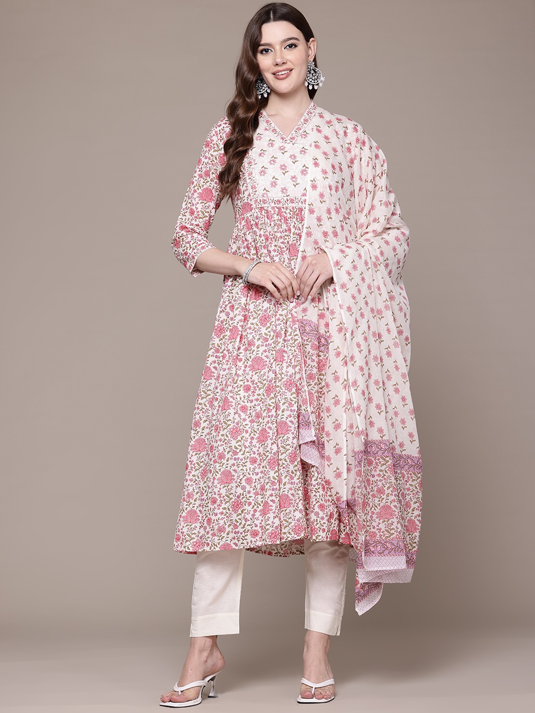 Readiprint Floral Printed Pleated Beads & Stones Pure Cotton Kurta Set & Dupatta, Pink