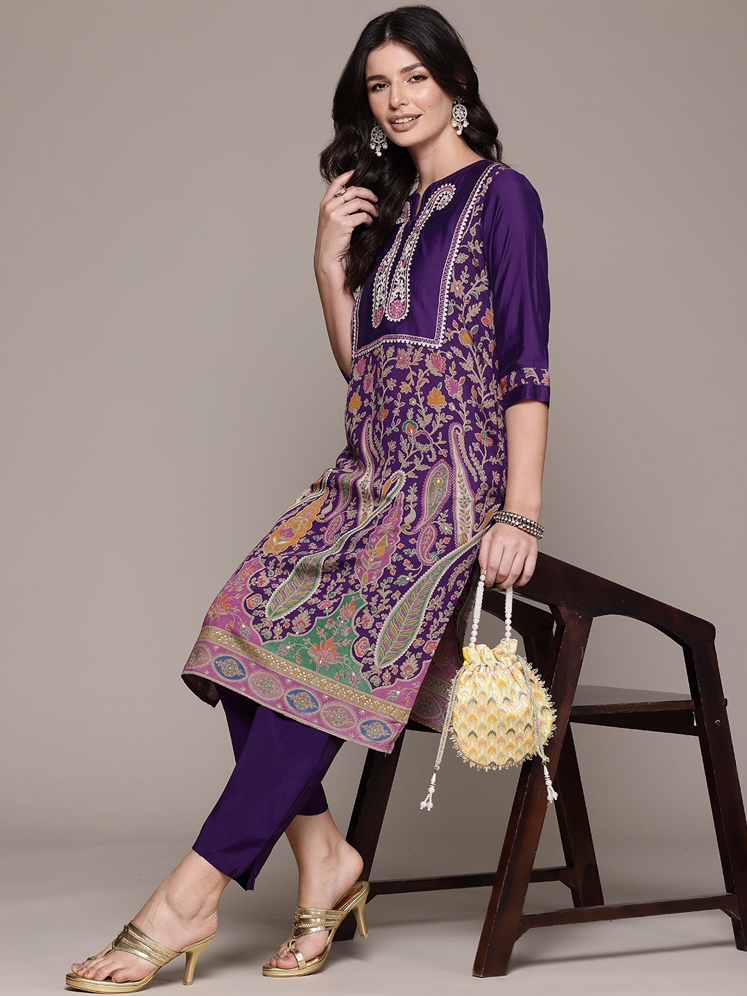 

Readiprint Paisley Printed Thread Work Pure Silk Kurta with Trousers, Violet