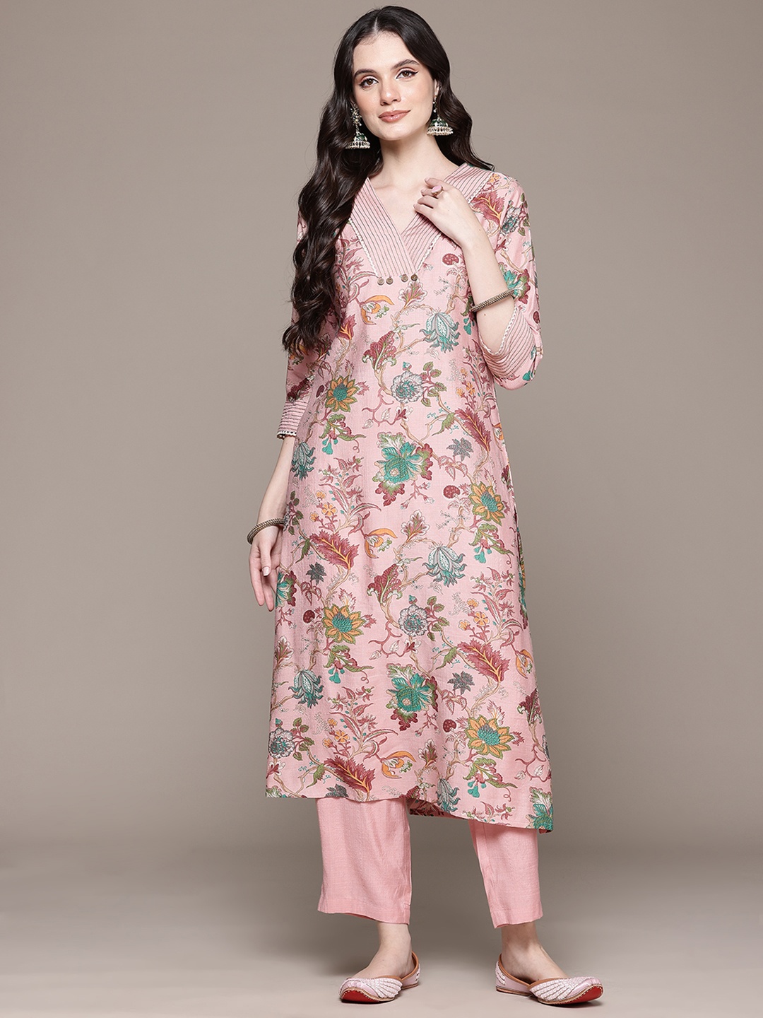 

Readiprint Floral Printed Pure Silk Kurta with Palazzos, Pink