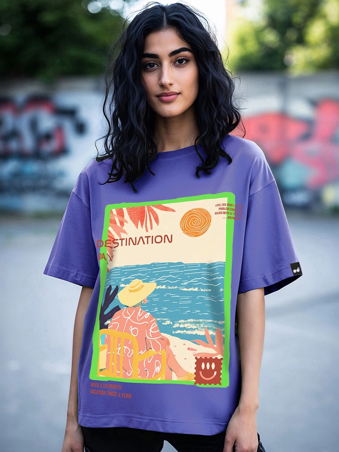 

Bewakoof Women Graphic Printed Round Neck Cotton Oversized T-shirt, Blue
