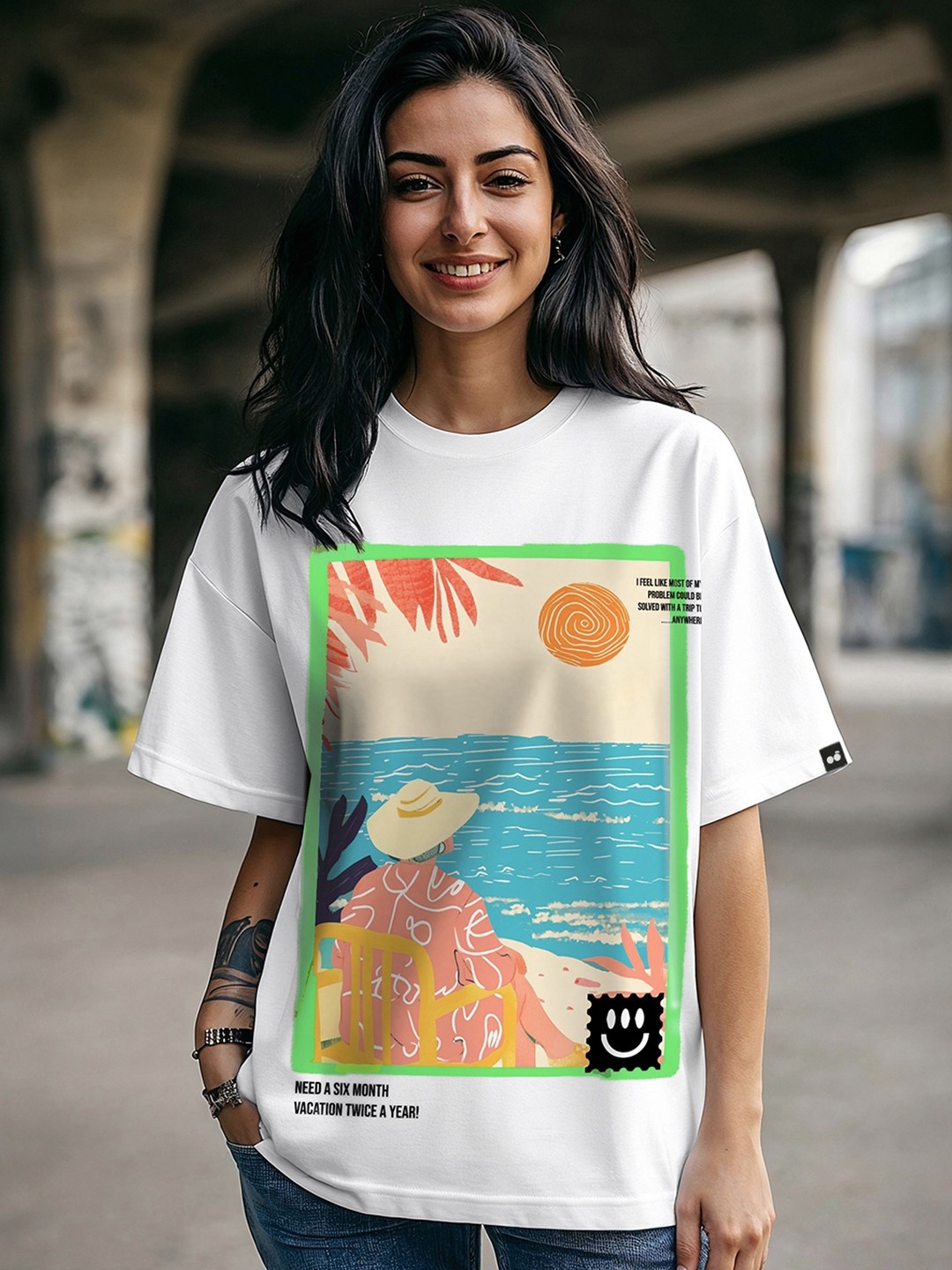 

Bewakoof Women Graphic Printed Round Neck Cotton Oversized T-shirt, White