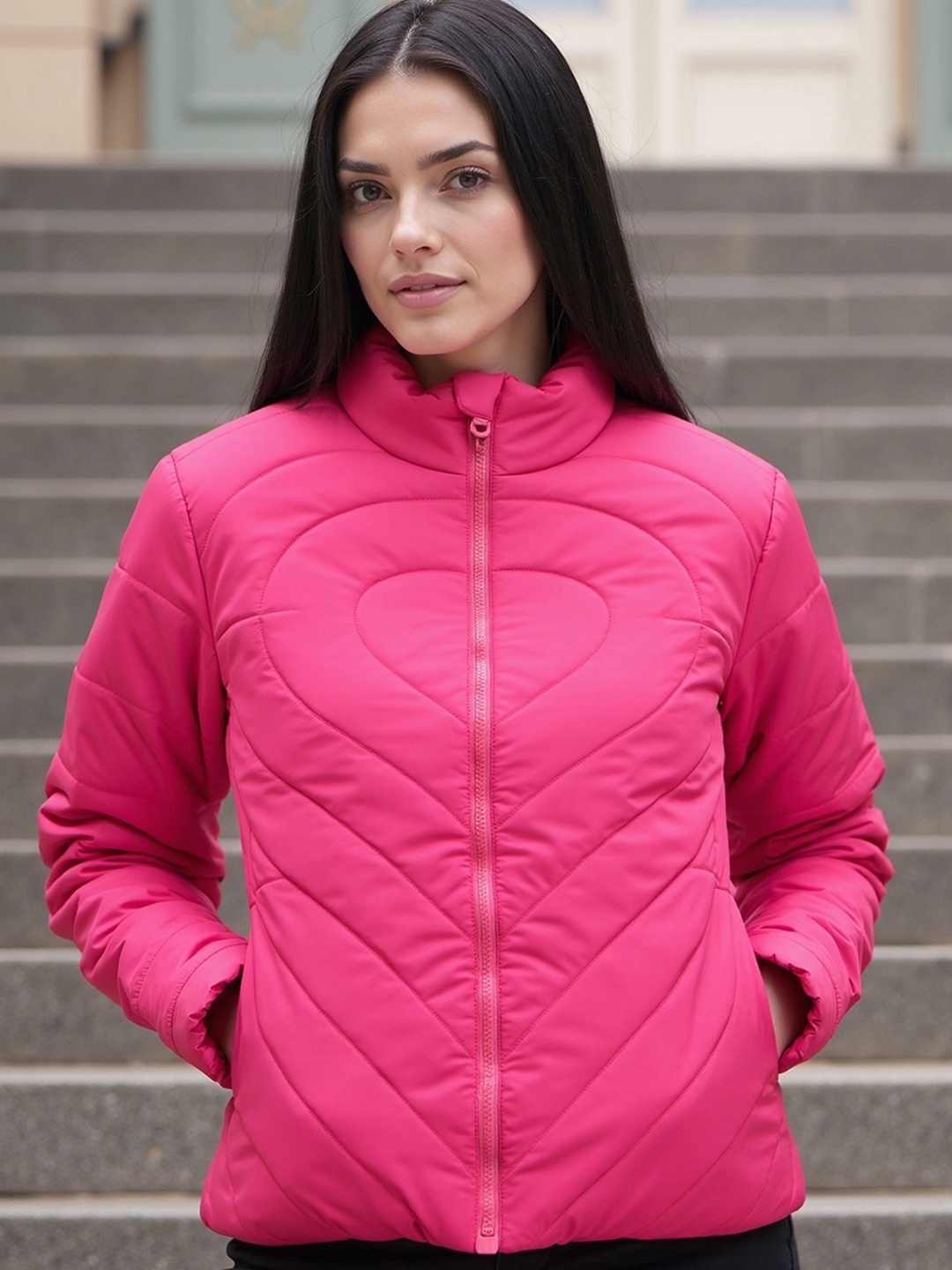 

Bewakoof Women Mock Collar Solid Casual Puffer Jacket, Pink