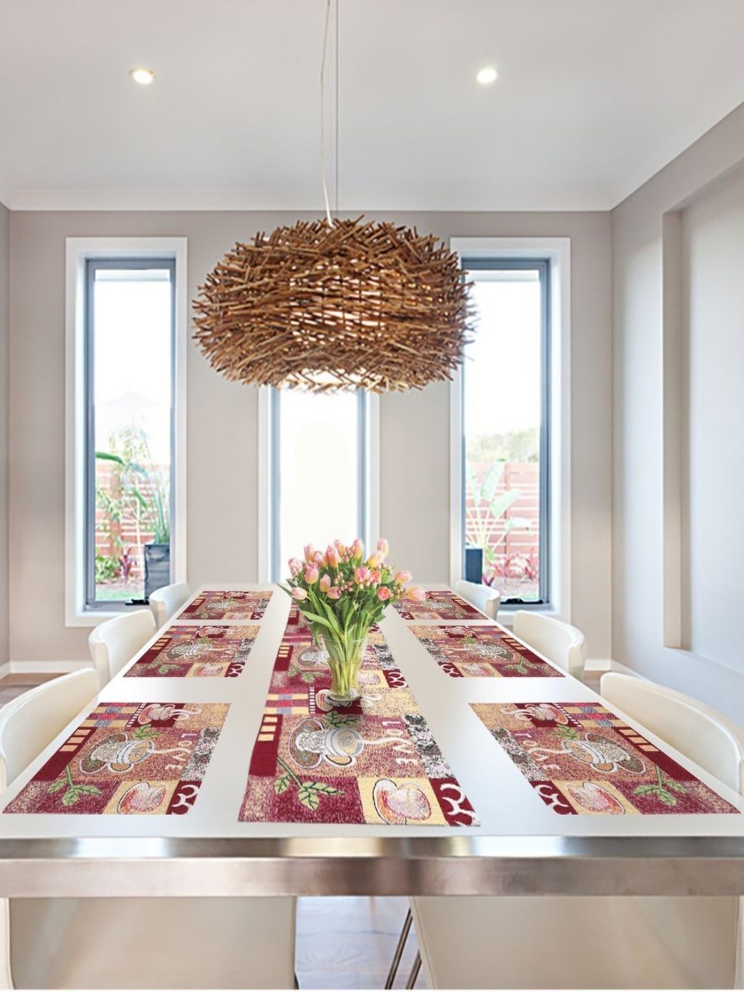 

PRAKARTIK Set of 7 Brown & Red Printed Cotton Dining Table Mats With Runner