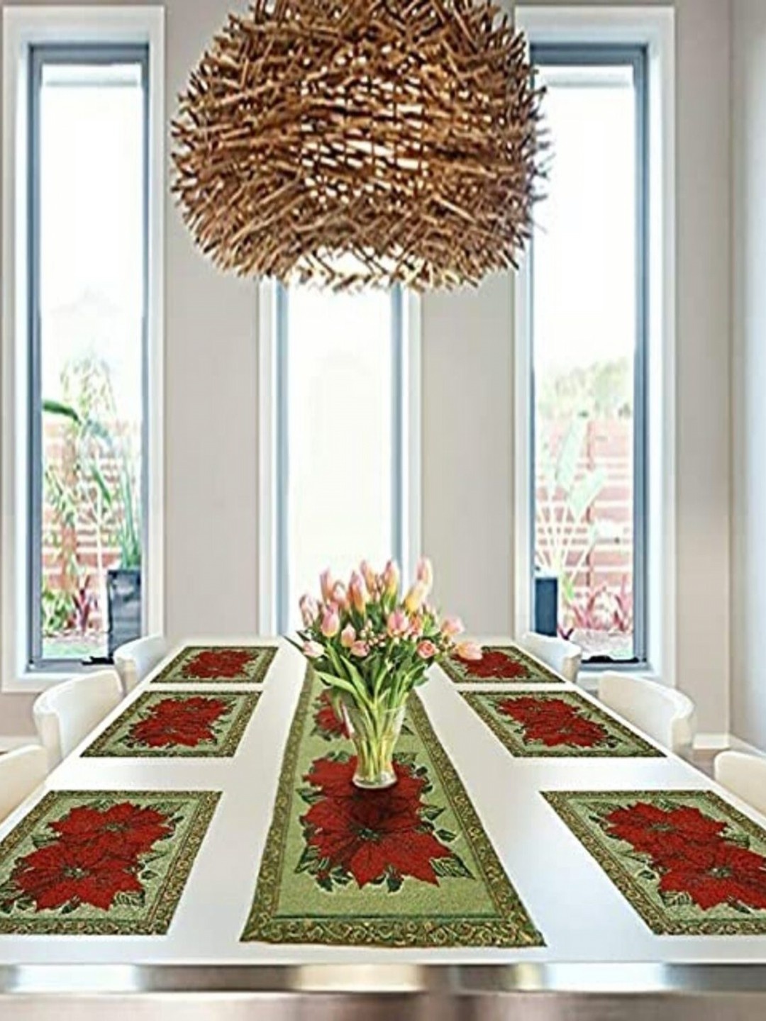 

PRAKARTIK Set of 7 Green Rectangle Shaped Printed Cotton Dining Table Mats With Runner, Red
