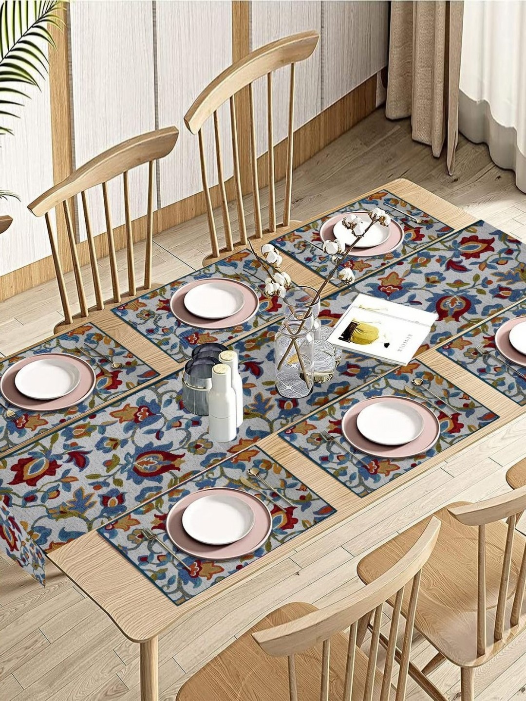 

PRAKARTIK Set of 7 Blue & Red Cotton Floral Printed Dining Table Mats With Runner
