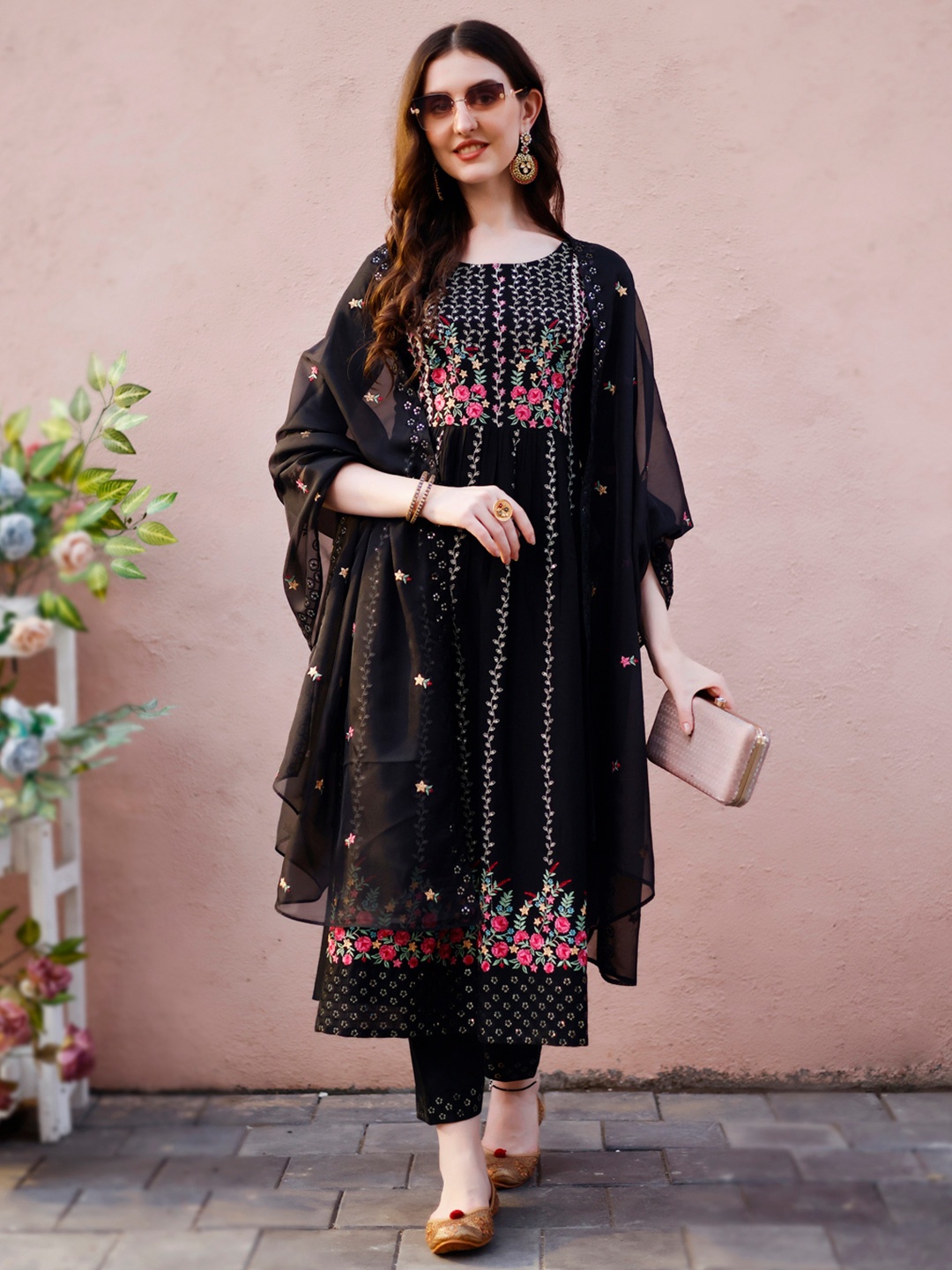 

KALINI Floral Embroidered A-Line Thread Work Kurta with Trousers & Dupatta, Black