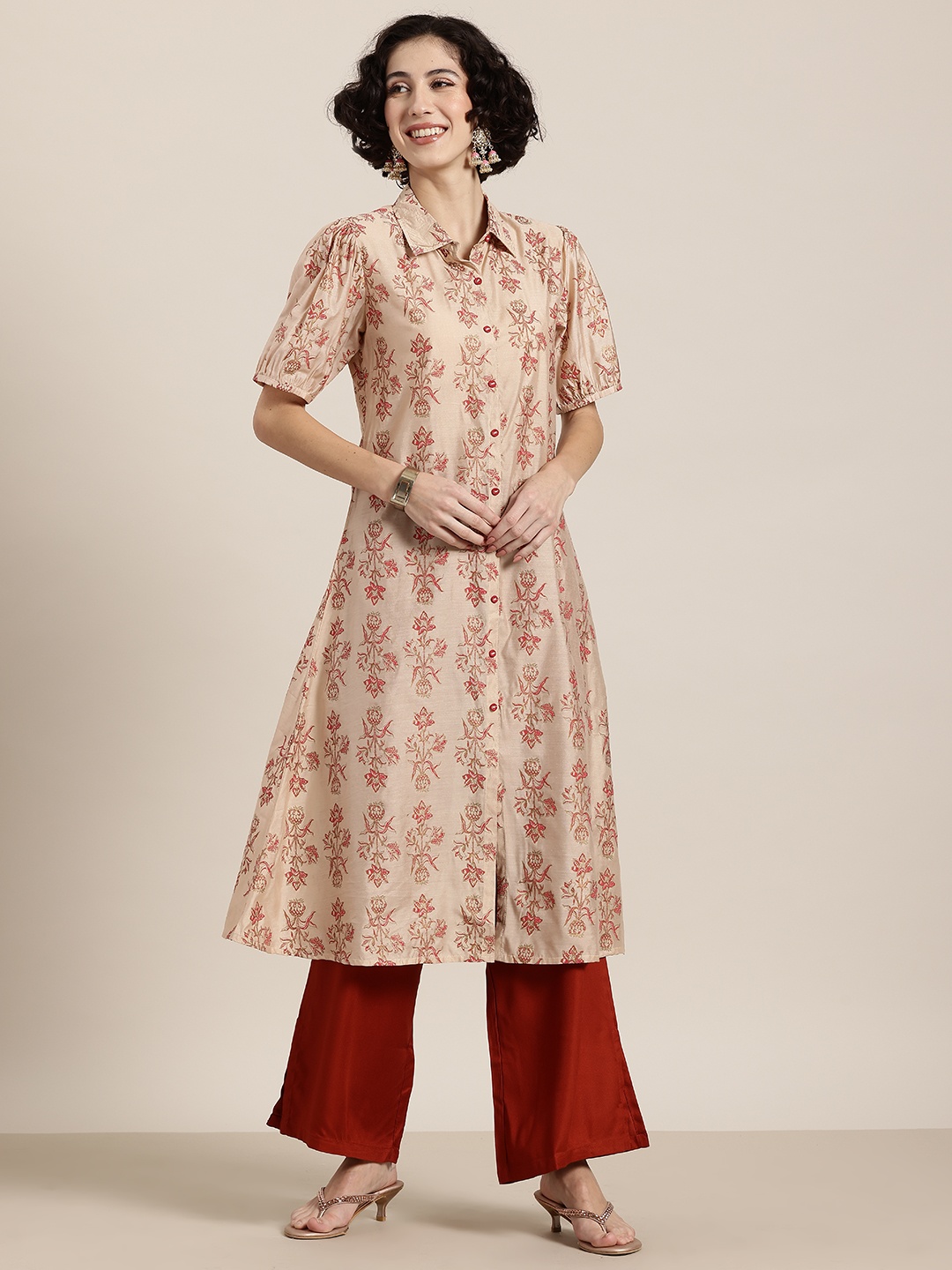 

HERE&NOW Floral Printed Puff Sleeves Kurta, Cream
