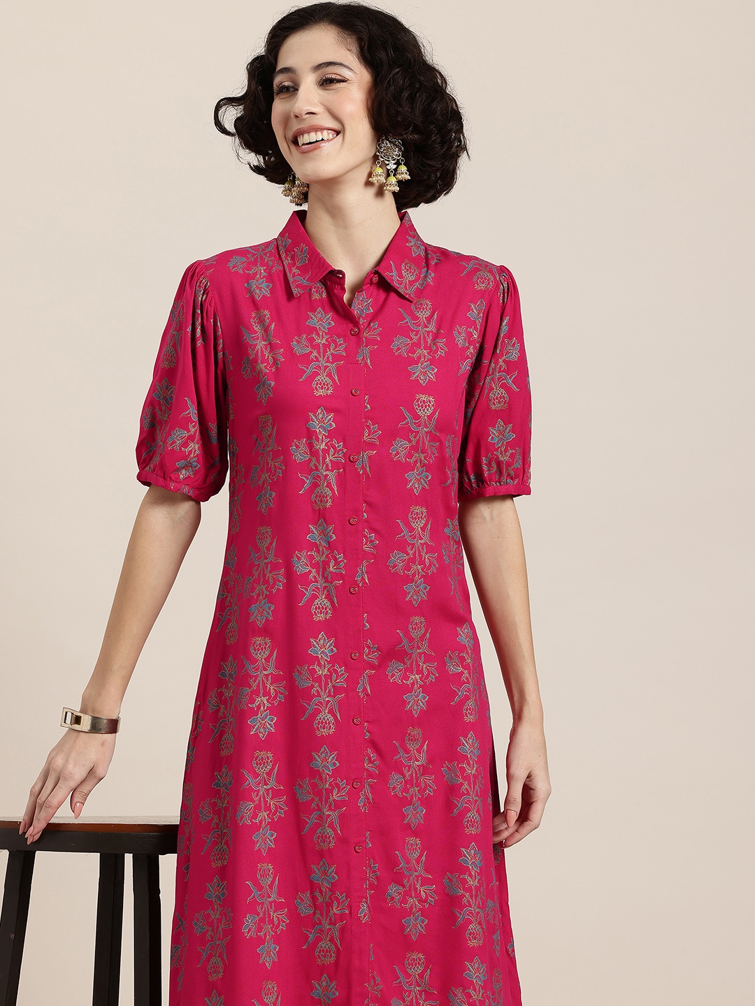 

HERE&NOW Floral Printed Puff Sleeves Kurta, Pink