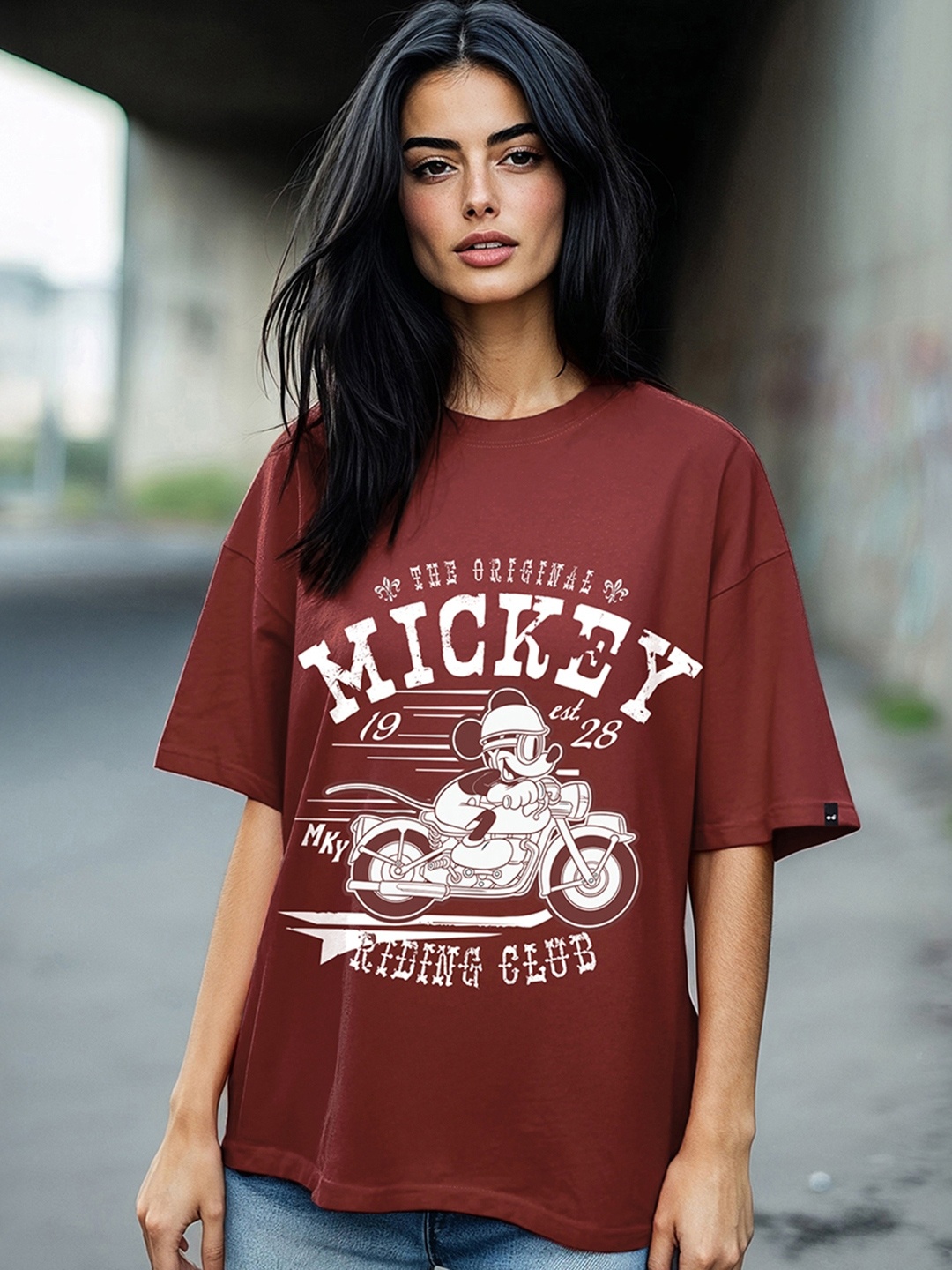 

Bewakoof Women Graphic Printed Round Neck Cotton Oversized T-shirt, Red